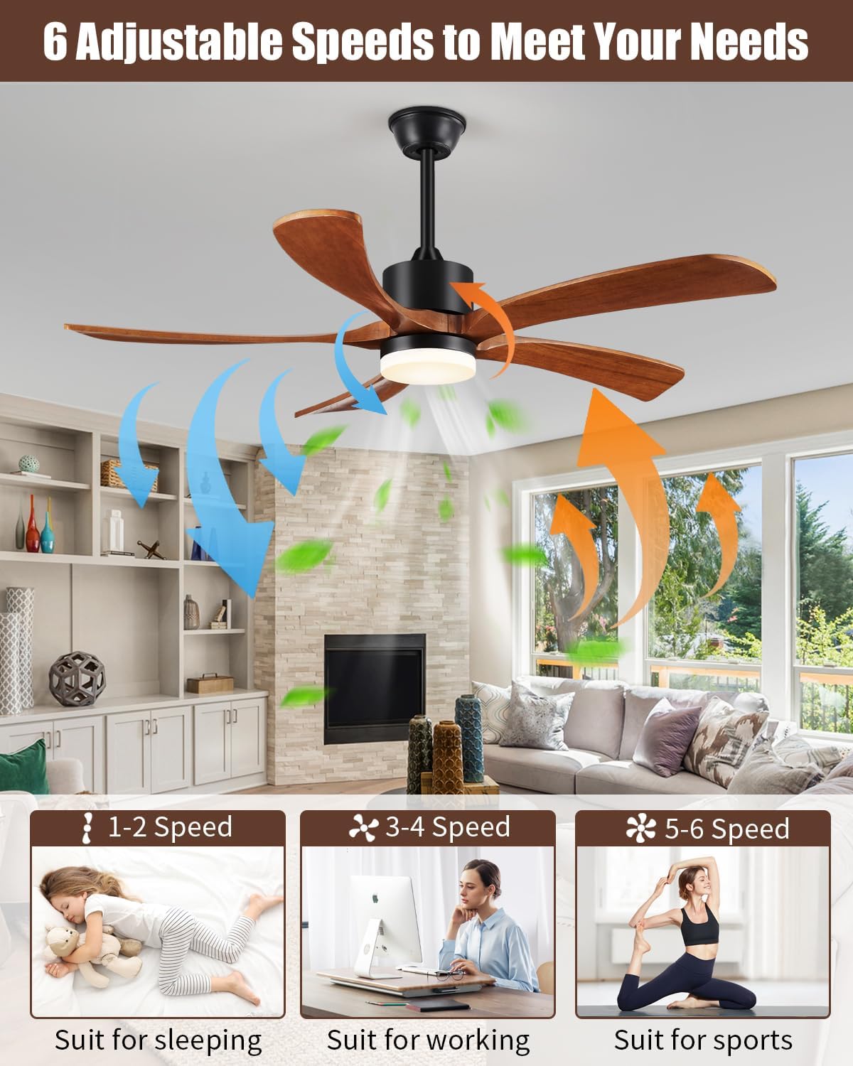 72 In Ceiling Fans with Lights and Remote, USA Original Patent 72' Large Ceiling Fan, 3 Downrods, 5 Solid Wood Blades, 6 Speeds Quiet DC Motor Modern Outdoor Indoor Fan, 72in Yellow Walnut