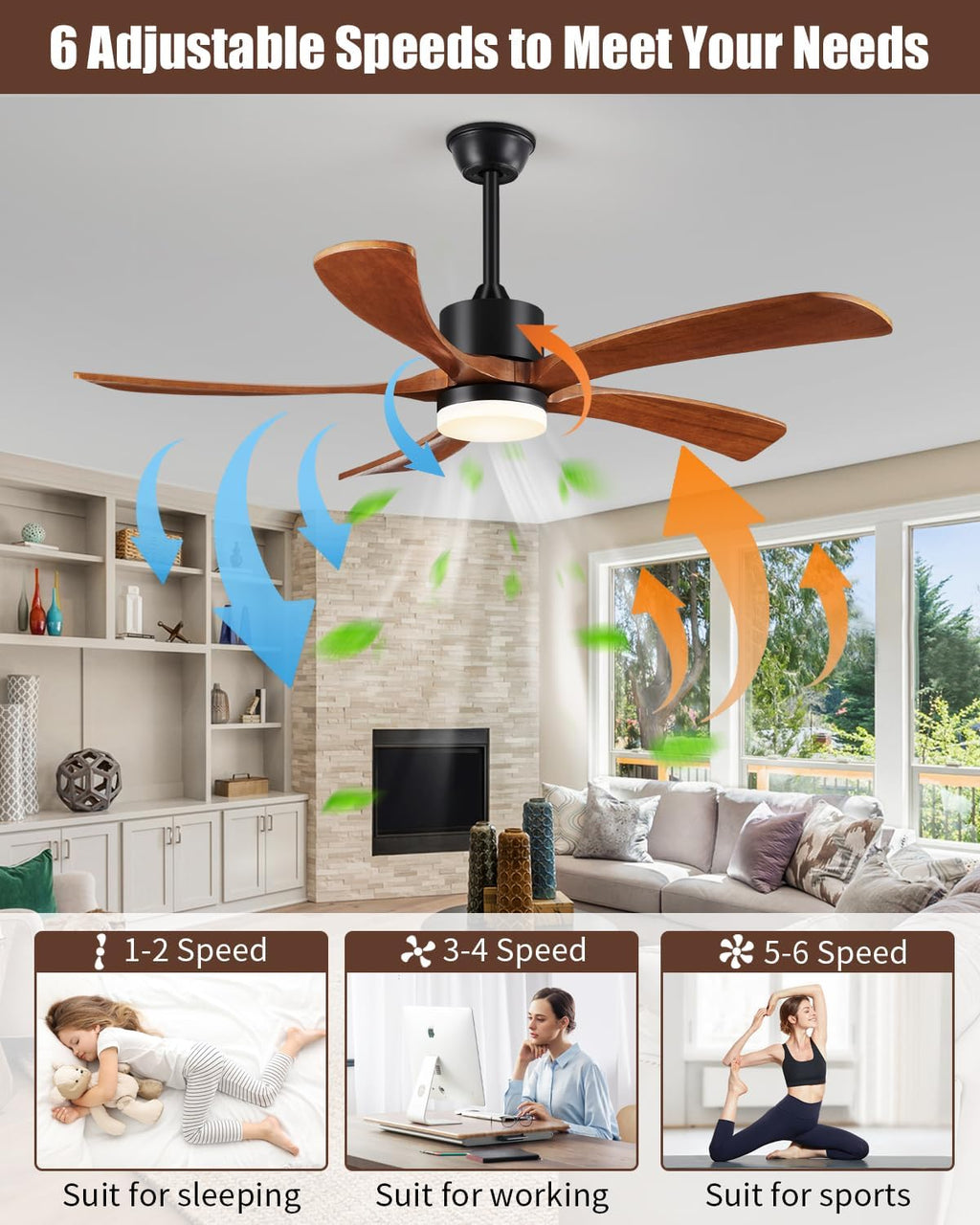 52 Inch Ceiling Fans with Lights Remote Control, 5 Blade Wood Ceiling Fan for Outdoor, 3 Downrods, ETL Listed, Timer, 6 Speeds Noiseless Quiet DC Motor Fan for Patio Bedroom, Yellow Walnut