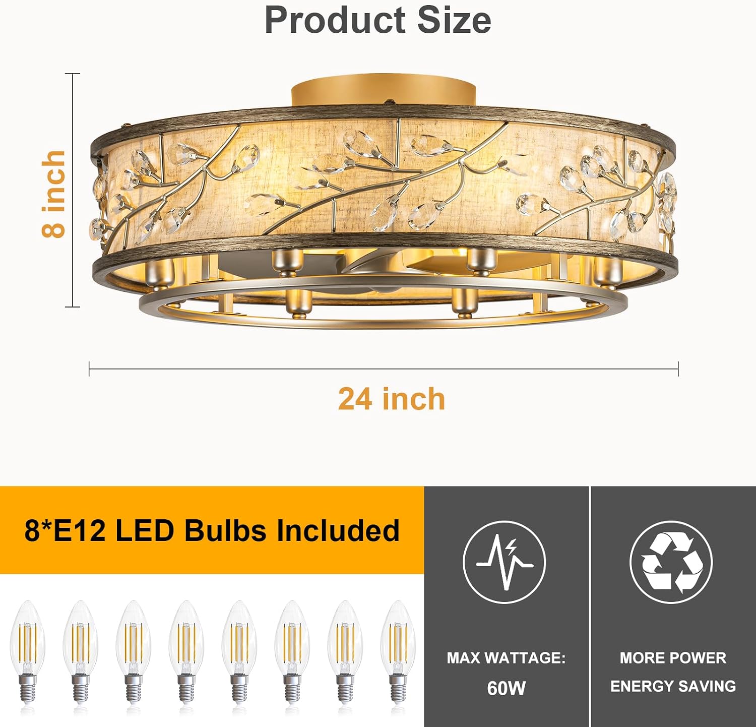 WWM Flush Mount Caged Ceiling Fan with Light and Remote, 24' Crystal Low Profile Ceiling Fans with Reversible Motor, Modern Small Bladeless Fan for Bedroom Kitchen Living Room (8 E12 Bulb Include)