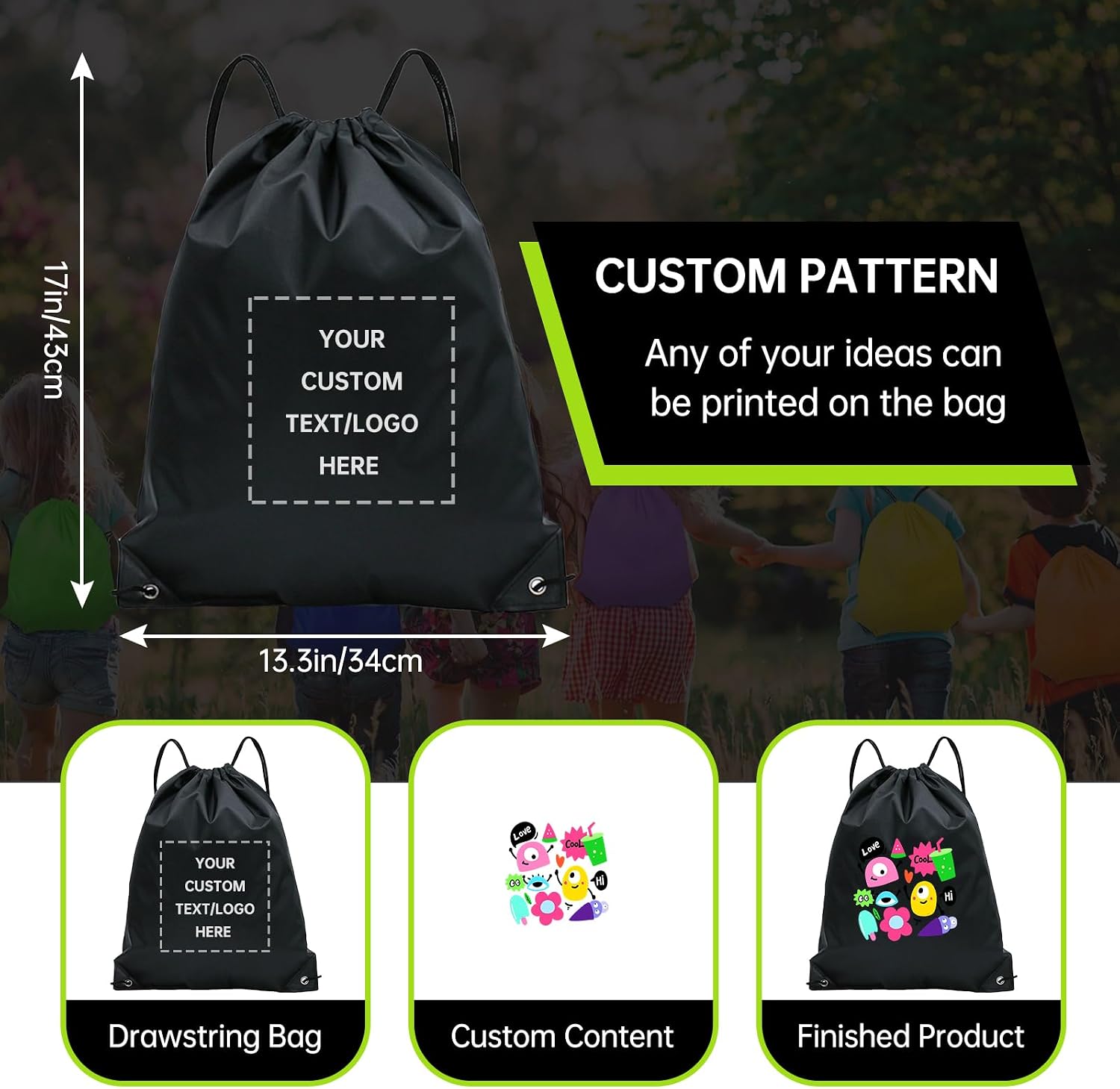 JEOHLORY pack of 100 Custom Bags With Your Logo,customized backpack,promotional items,Drawstring Backpacks,Great for Everyday Use (Custom black)