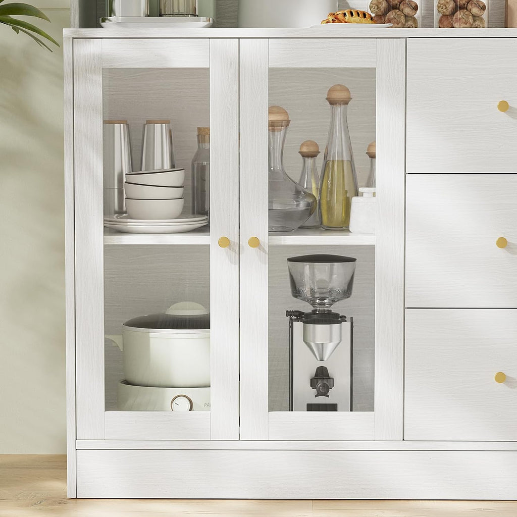 VOWNER Large Kitchen Hutch Cabinet, Kitchen Pantry Storage Cabinet with 6 Glass Doors, 3 Drawers & Microwave Shelf, Freestanding Cupboard for Open Storage (White)