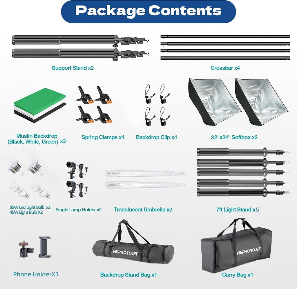 Photography Softboxes Kit with 6.6x10ft Backdrop Stands, 5 Tripod Stands, 3 Color Background Screen, Softbox with 85W Led Bulb, Photo Studio Equipment for Video Shoot, Product & Portrait