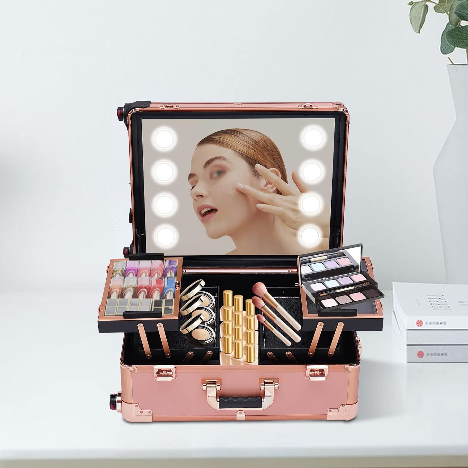 Aluminum Trolley Makeup Train Case with LED Light & Mirror,Professional Cosmetic Travel Box with Retractable Legs, Rolling Lighted Makeup Vanity Station for Travel (Rose Gold)