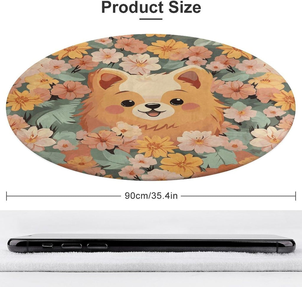 Pomeranians Cartoon Flowers Coral Velvet Round Floor Mat Non-Slip Bath Rug Floor Covering for Bathroom Vanity Guest Suite & Vacation Home