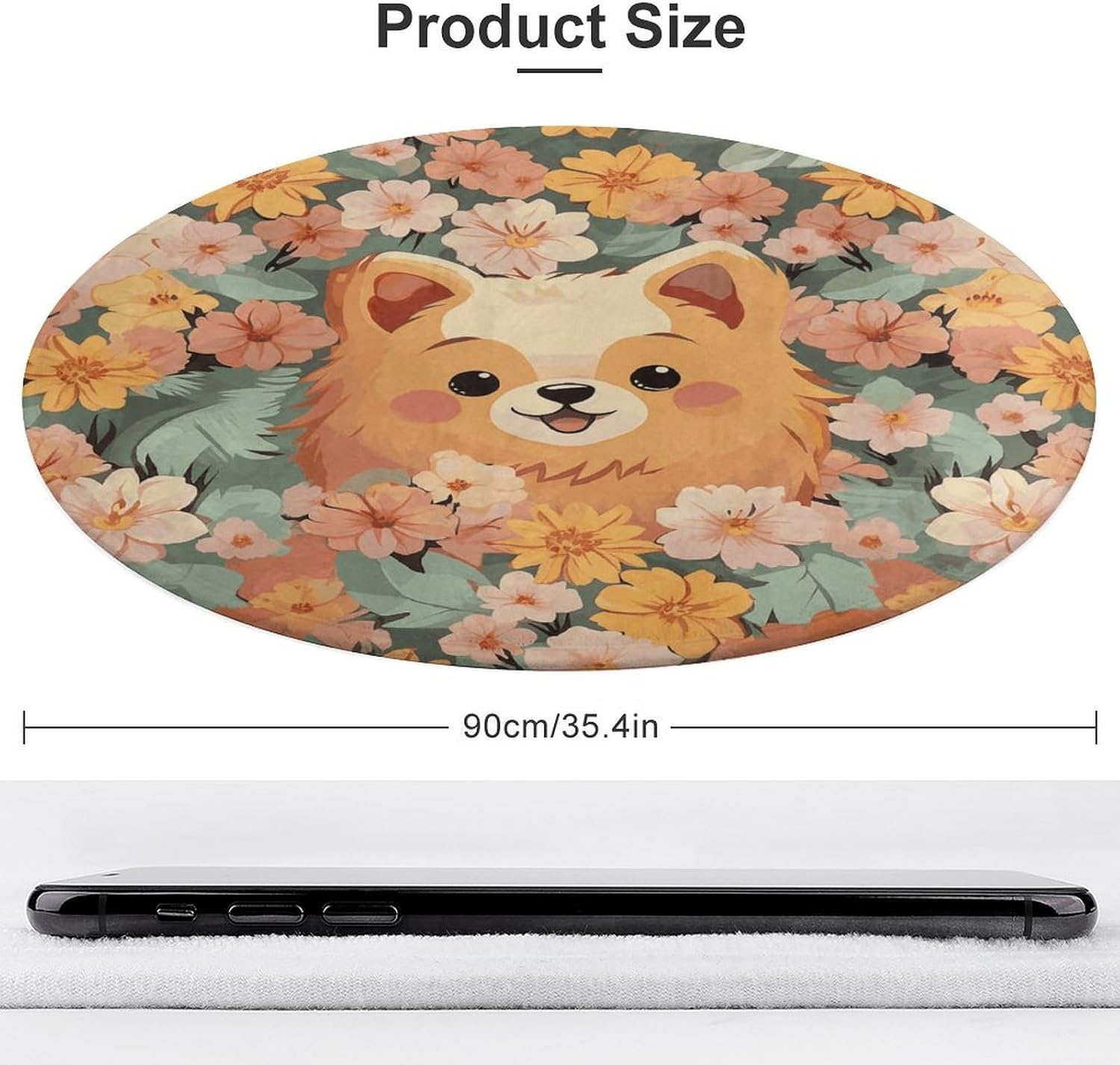 Pomeranians Cartoon Flowers Coral Velvet Round Floor Mat Non-Slip Bath Rug Floor Covering for Bathroom Vanity Guest Suite & Vacation Home