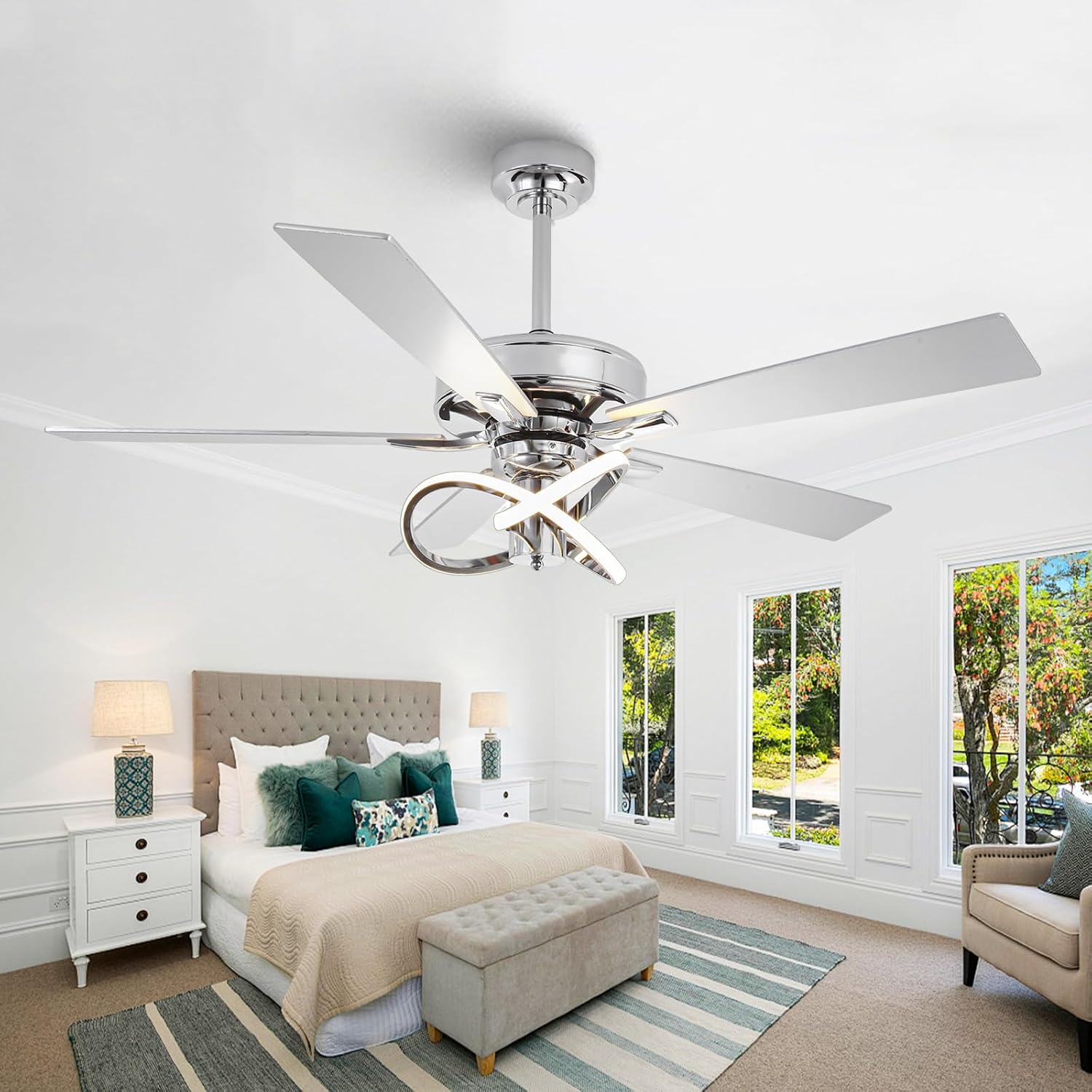 52 Inch Ceiling Fans with Lights, Creative Modern Silver Ceiling Fan and Remote, 3CCT, 6 Speeds, Quiet, Dual-Sided Reversible 5 Blades Indoor Outdoor Chandelier Fan for Bedroom Living Room