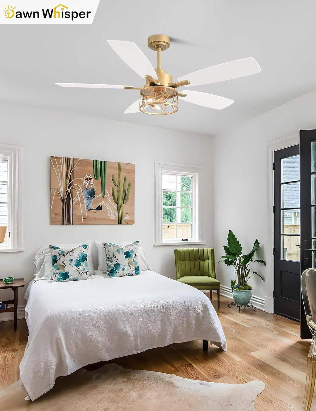 Dawn Whisper 52 Inch Modern Farmhouse Ceiling Fans with Lights White and Gold Industrial Rustic Caged Ceiling Fan for Bedroom Living Room Quiet and Reversible DC Motor