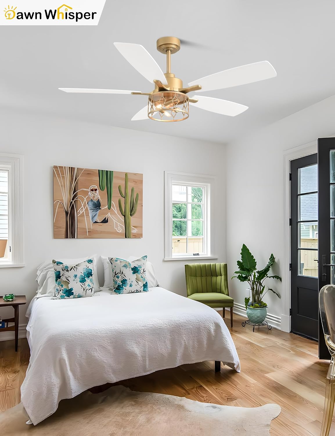 Dawn Whisper 52 Inch Modern Farmhouse Ceiling Fans with Lights White and Gold Industrial Rustic Caged Ceiling Fan for Bedroom Living Room Quiet and Reversible DC Motor