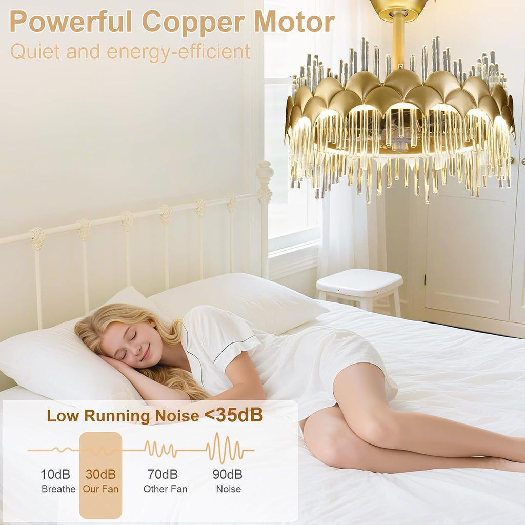 Depuley Bedroom Ceiling Fan with Lights: 20' Gold Chandelier Cagd Fan with Remote Control - Modern Crystal Fandelier for Girl's Bedroom Living Room Nursery