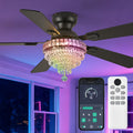 52' Crystal Ceiling Fans with RGB Lights, Remote/App Control, Modern Fandelier Flush Mount, Reversible DC Motor, Dimmable, Noiseless Ceiling Fan for Bedroom, Living Room (Black)
