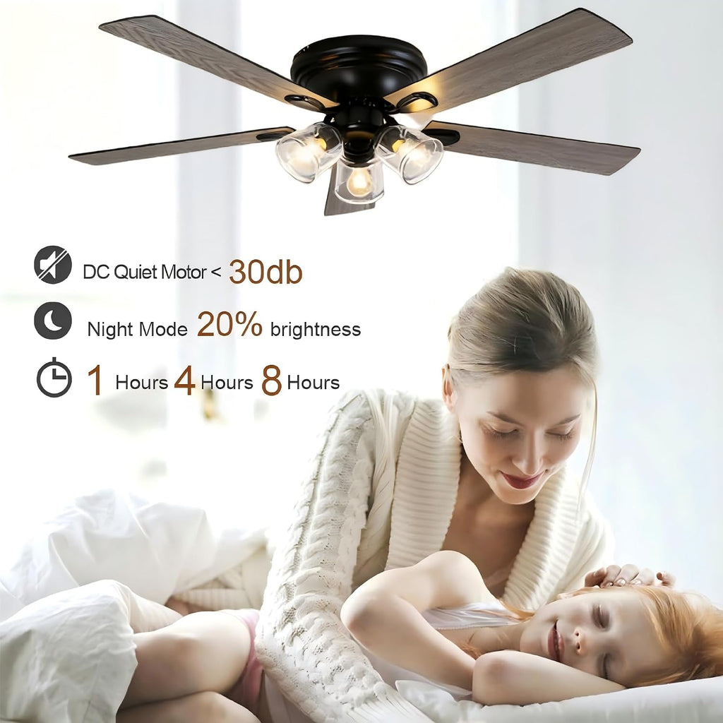52 Inch Vintage Ceiling Fan with Lights and Remote, Flush Mount Farmhouse Ceiling Fan Rustic Fandelier 3-Lights Chandelier for Bedroom Living Room Dining Room, 5 Reversible Blades 6 Speeds