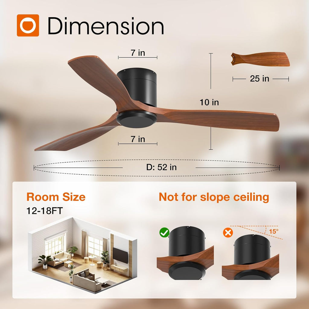 addlon 2 Pack 52 inch Ceiling Fans No Lights, Black Low Profile Ceiling Fan with Remote Control, Flush Mount, Reversible, 3 Wood Blades, 6 Speeds, Noiseless, Wood Ceiling Fan for Indoor/Outdoor Use