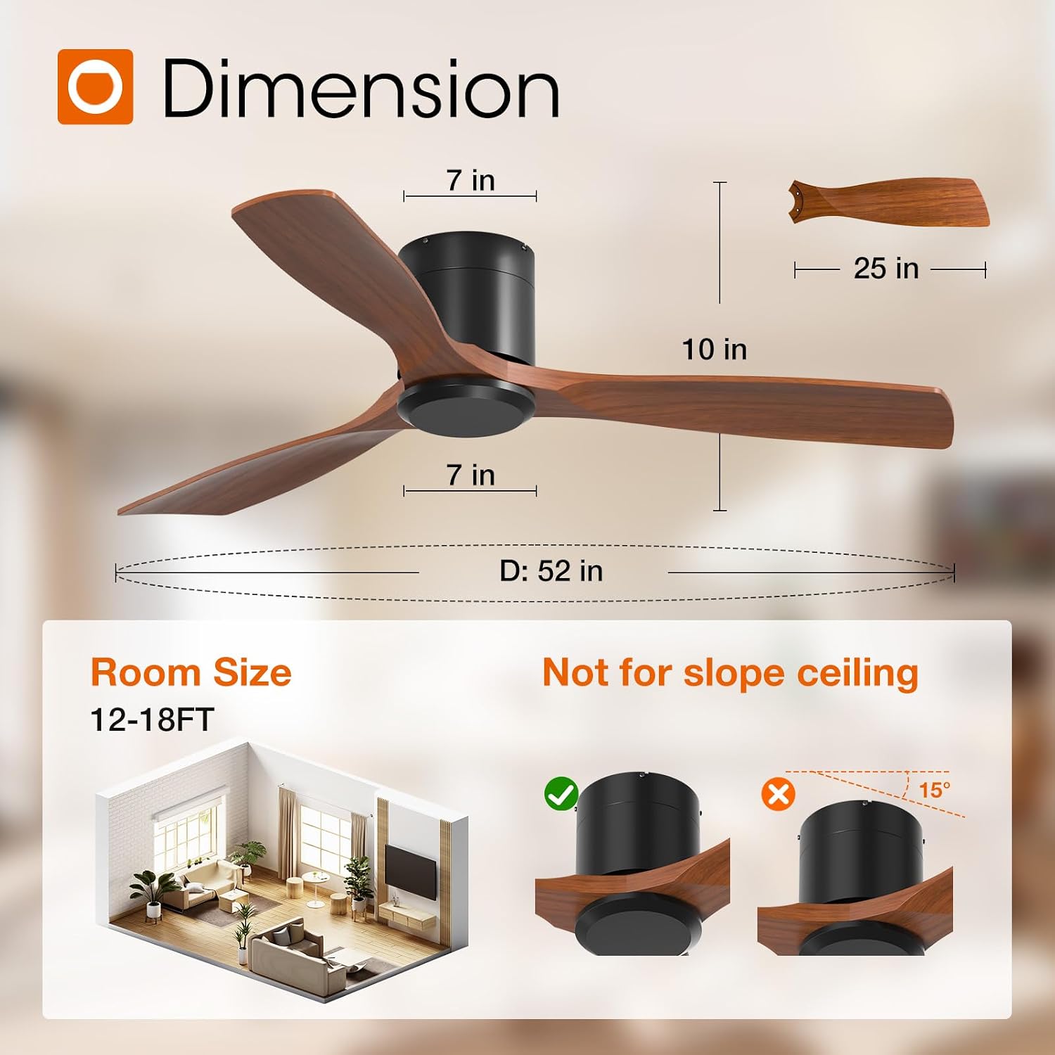addlon 2 Pack 52 inch Ceiling Fans No Lights, Black Low Profile Ceiling Fan with Remote Control, Flush Mount, Reversible, 3 Wood Blades, 6 Speeds, Noiseless, Wood Ceiling Fan for Indoor/Outdoor Use