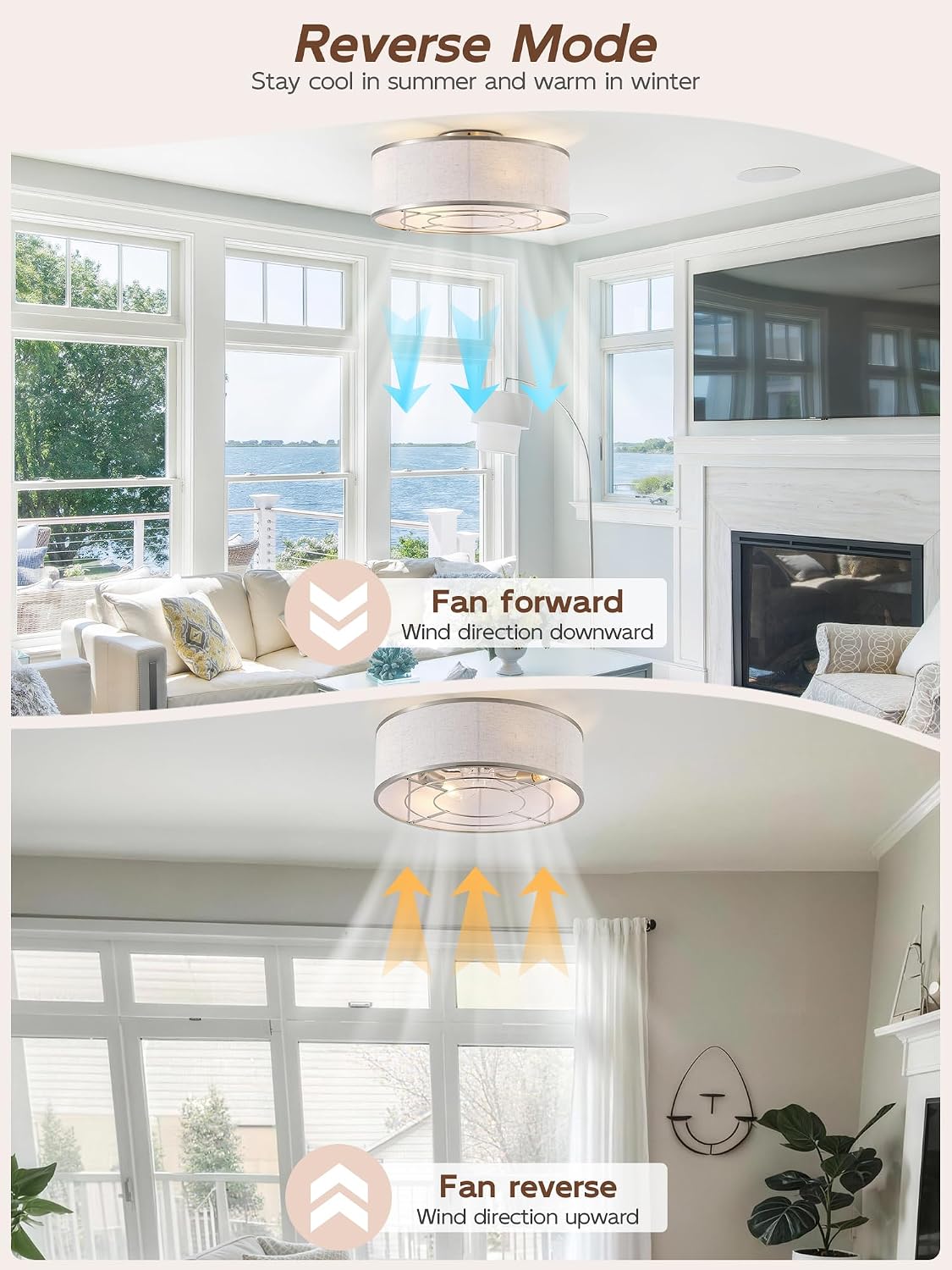 20' Silver Caged Ceiling Fans with Lights, Boho Flush Mount Ceiling Fan with Light and Remote, Bladeless with 6 Speeds for Bedroom, Nursery, Living Room