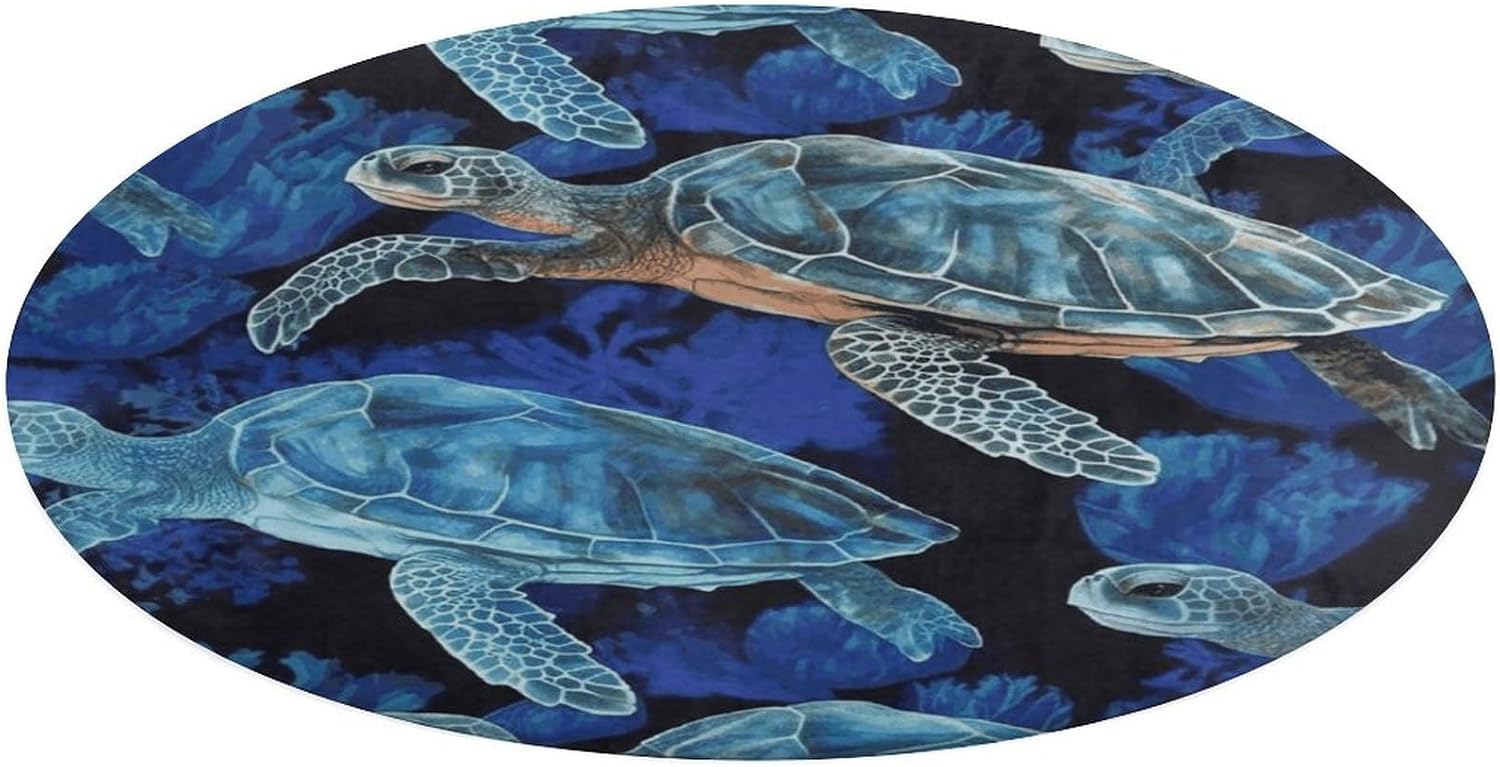Blue Sea Turtle in Ocean Coral Velvet Round Floor Mat Non-Slip Bath Rug Floor Covering for Bathroom Vanity Guest Suite & Vacation Home