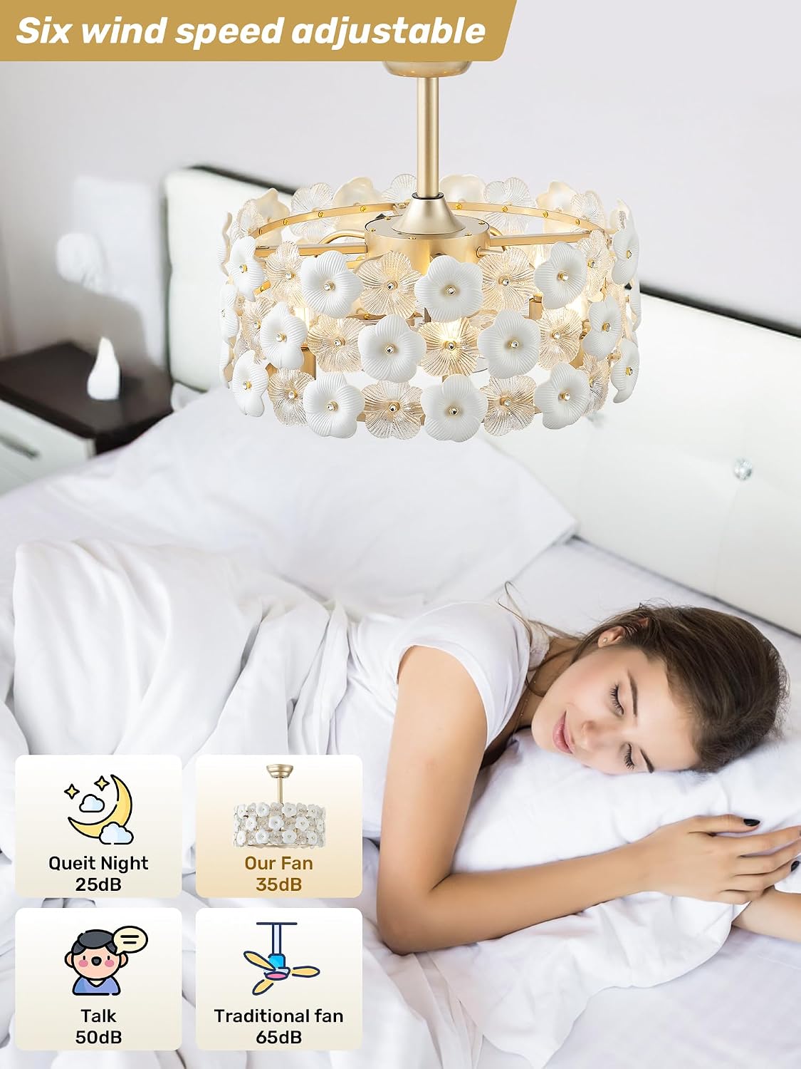 20' Gold Flower Crystal Fandelier Ceiling Fan with Light, Gold Crystal Chandelier Ceiling Fans Remote Control, Caged 6 Speeds for Bedroom, Living Room, Nursery