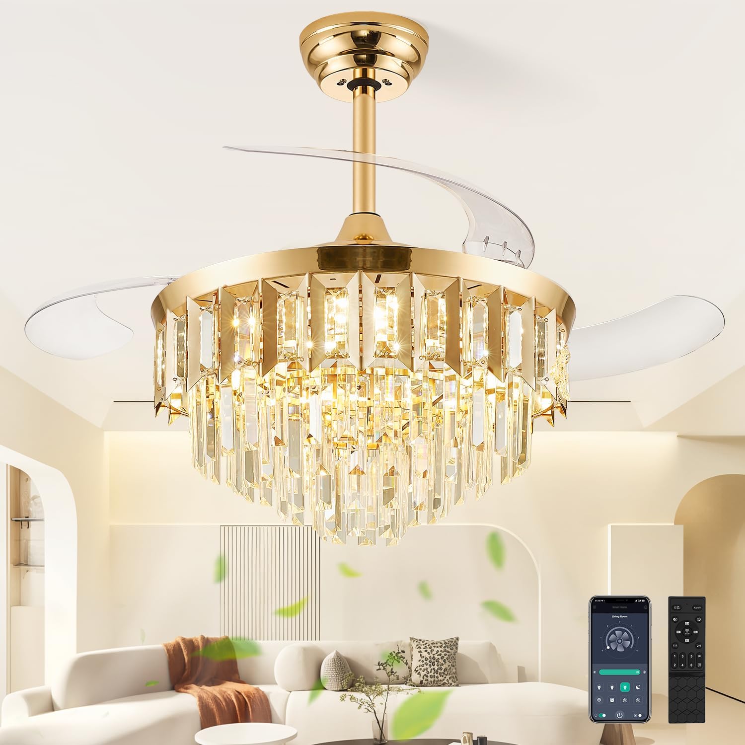 TXCSLY 48' Fandelier Ceiling Fan with Light, Crystal Chandelier Fan with Retractable Blades Dimmable Crystal Ceiling Fan Chandelier for Bedroom Living Room Dining Room-Gold