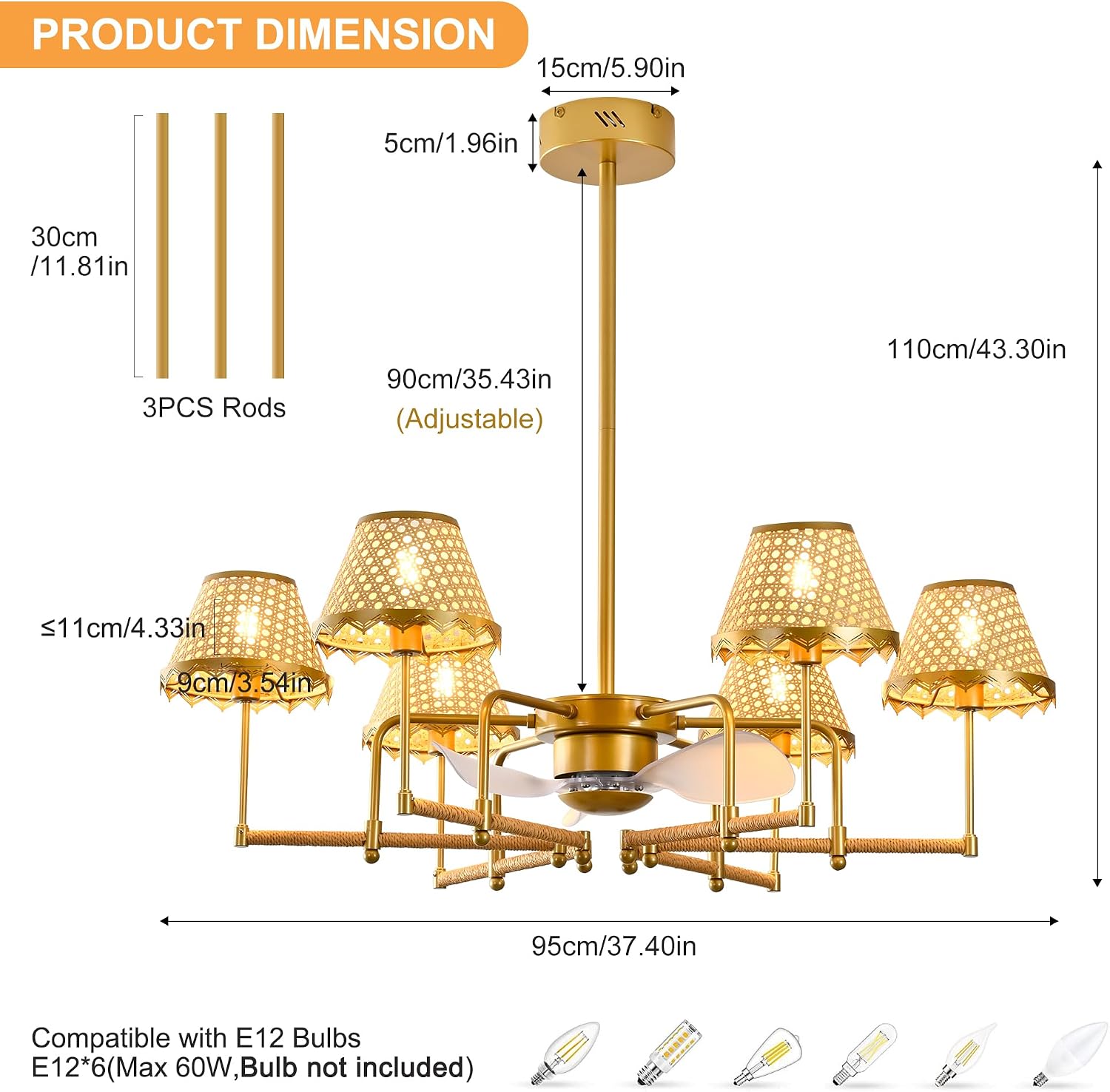 Garwarm Ceiling Fans with Lights,Boho Rattan Fandelier Ceiling Fan with Lights,Chandelier Ceiling Fan Remote Control for Kitchen Island Dining Living Room Nursery