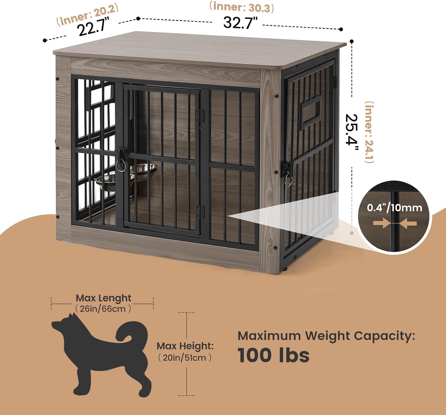 32 Inch Heavy Duty Dog Crate Furniture for Medium/Small Dogs, Decorative Pet House End Table with 3 Doors & Adjustable Bowls, Wooden Cage Kennel Furniture Indoor, Rustic Grey