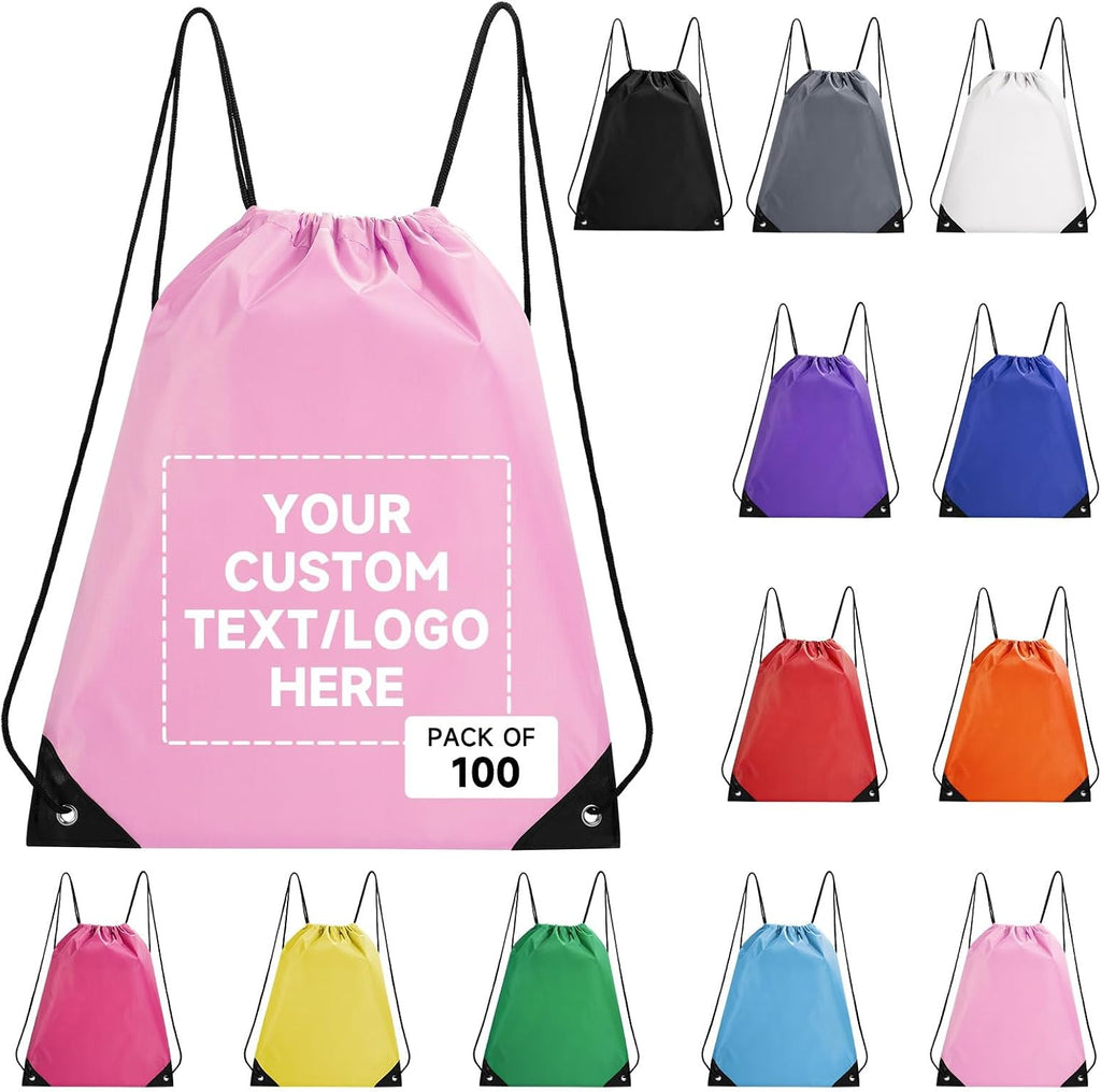 Custom Bags With Logo 100 Pack,Promotional Items Personalized Drawstring Backpack Bags Great for Gym and Everyday Use (Light Pink)
