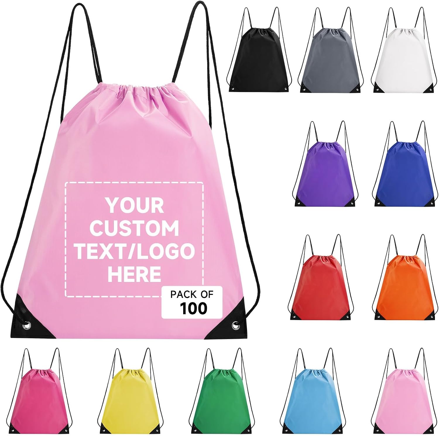 Custom Bags With Logo 100 Pack,Promotional Items Personalized Drawstring Backpack Bags Great for Gym and Everyday Use (Light Pink)
