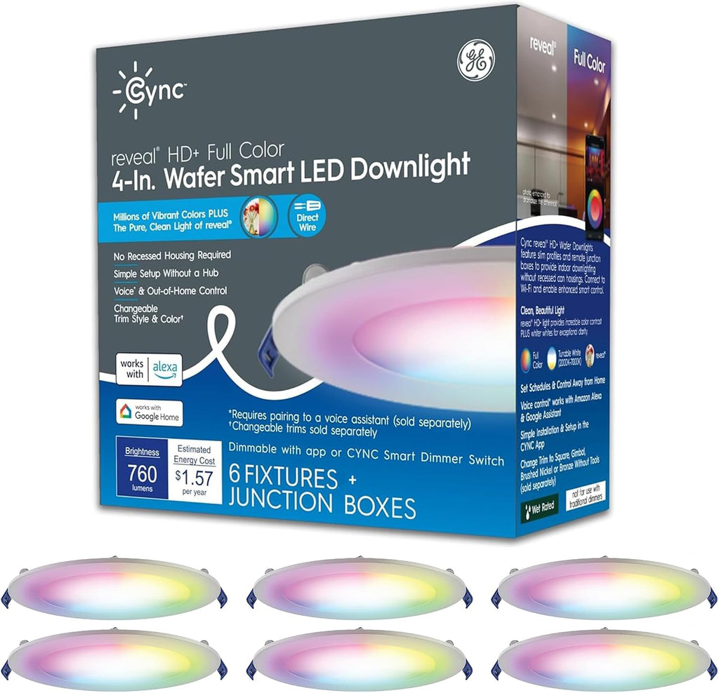 GE CYNC Reveal HD+ Wafer Smart LED Downlight Fixture, Color Changing Lights, WiFi and Bluetooth LED Lights, 16 Watts, Compatible with Alexa and Google Home, 4 Inches (6 Pack)