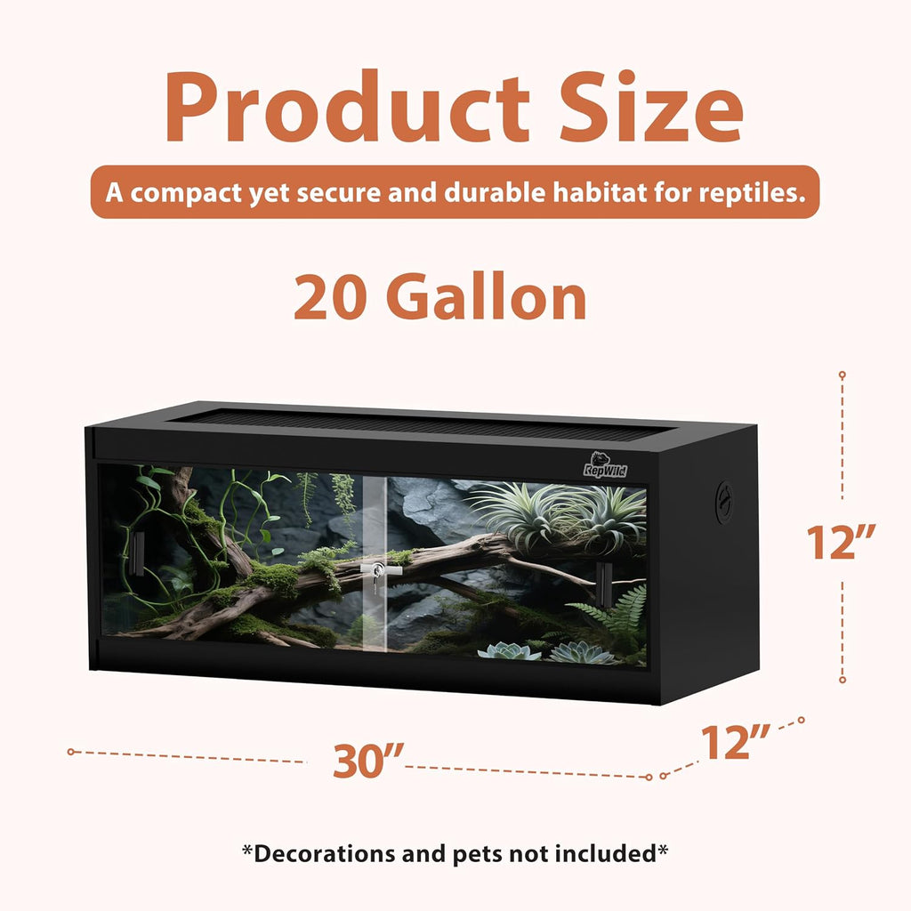 20 Gallon PVC Reptile Enclosure, RepWild 30'x12'x12' Terrarium/Tank with Heavy-Duty Screen Top, Glass Sliding Doors & Lock for Bearded Dragons, Ball Python, Geckos, Lizards