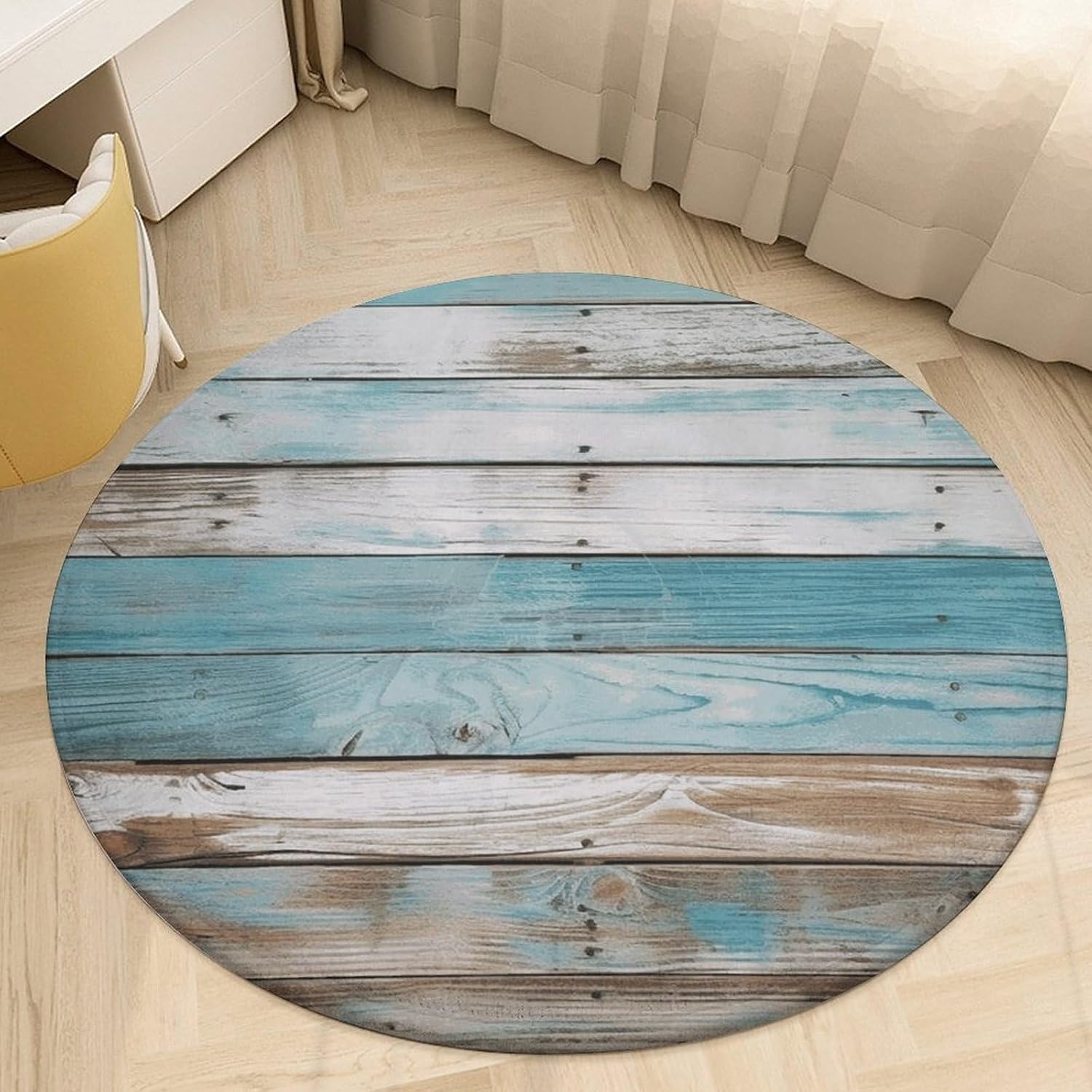 Vintage Beach Wood Old Blue Color Wooden Plank Coral Velvet Round Floor Mat Non-Slip Bath Rug Floor Covering for Bathroom Vanity Guest Suite & Vacation Home