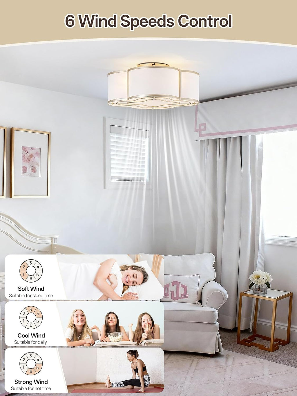 Gold Caged Boho Ceiling Fan with Lights, 20' Flush Mount Ceiling Fans with Lights Remote Control, Low Profile Bladeless with 6 Speeds for Bedroom, Nursery, Kitchen
