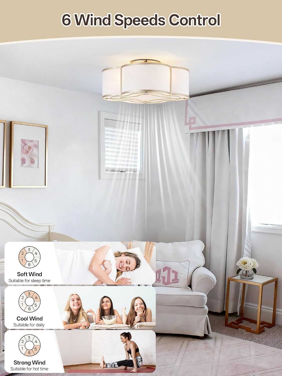 Gold Caged Boho Ceiling Fan with Lights, 20' Flush Mount Ceiling Fans with Lights Remote Control, Low Profile Bladeless with 6 Speeds for Bedroom, Nursery, Kitchen