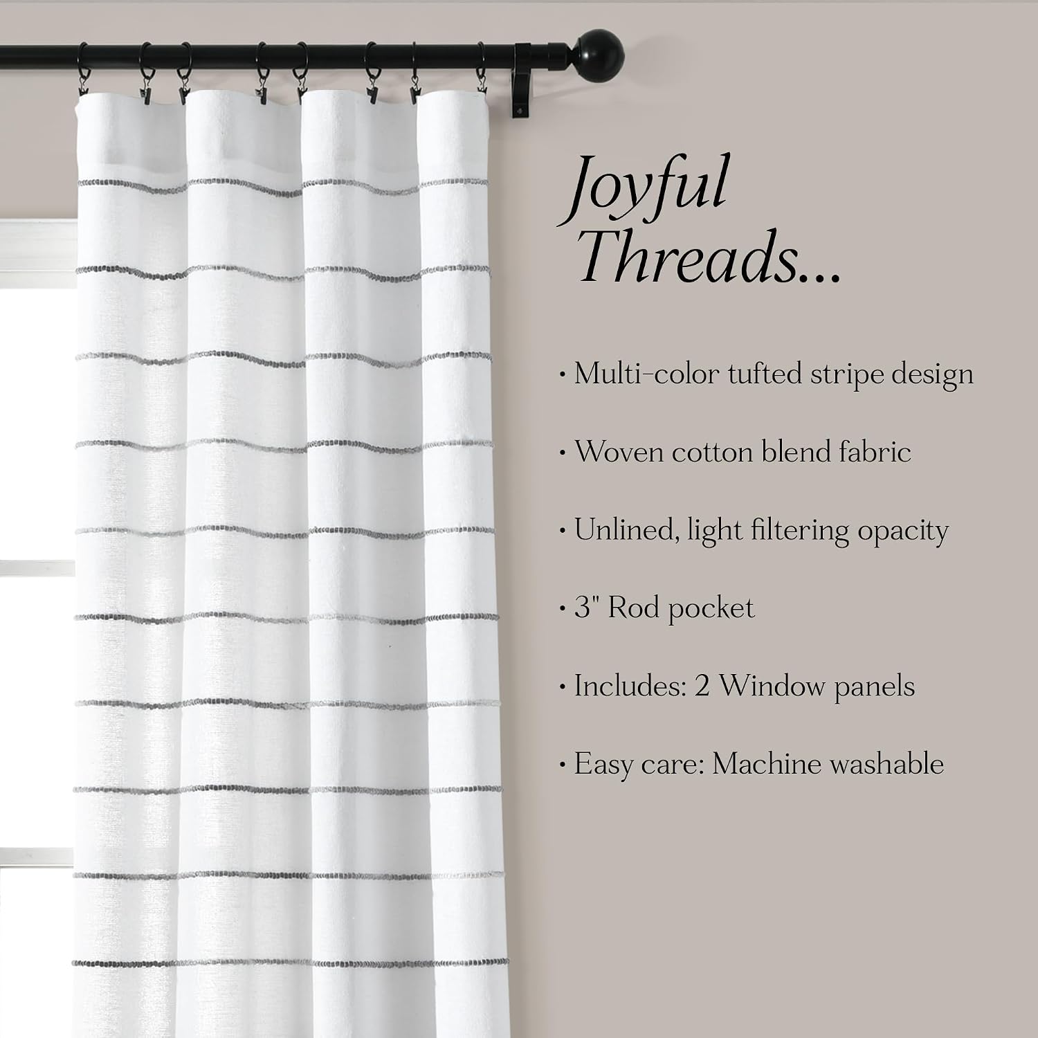Lush Decor Ombre Stripe Yarn Dyed Cotton Window Curtain Panels, 40' W x 84' L, Gray - Drapes - Light Filtering Curtains for Living Room - Striped Curtains (Pack of 16)