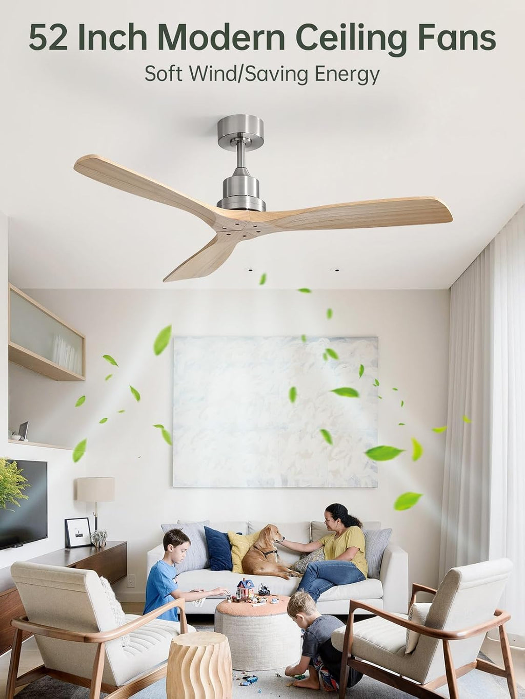 Sofucor 52 Inch Smart Ceiling Fans without Light-Modern Solid Wood Outdoor Ceiling Fan No Light APP Remotel Control for Bedroom Living Room Indoor Farmhouse Patio,DC Motor,Brushed Nickel&Natural Wood