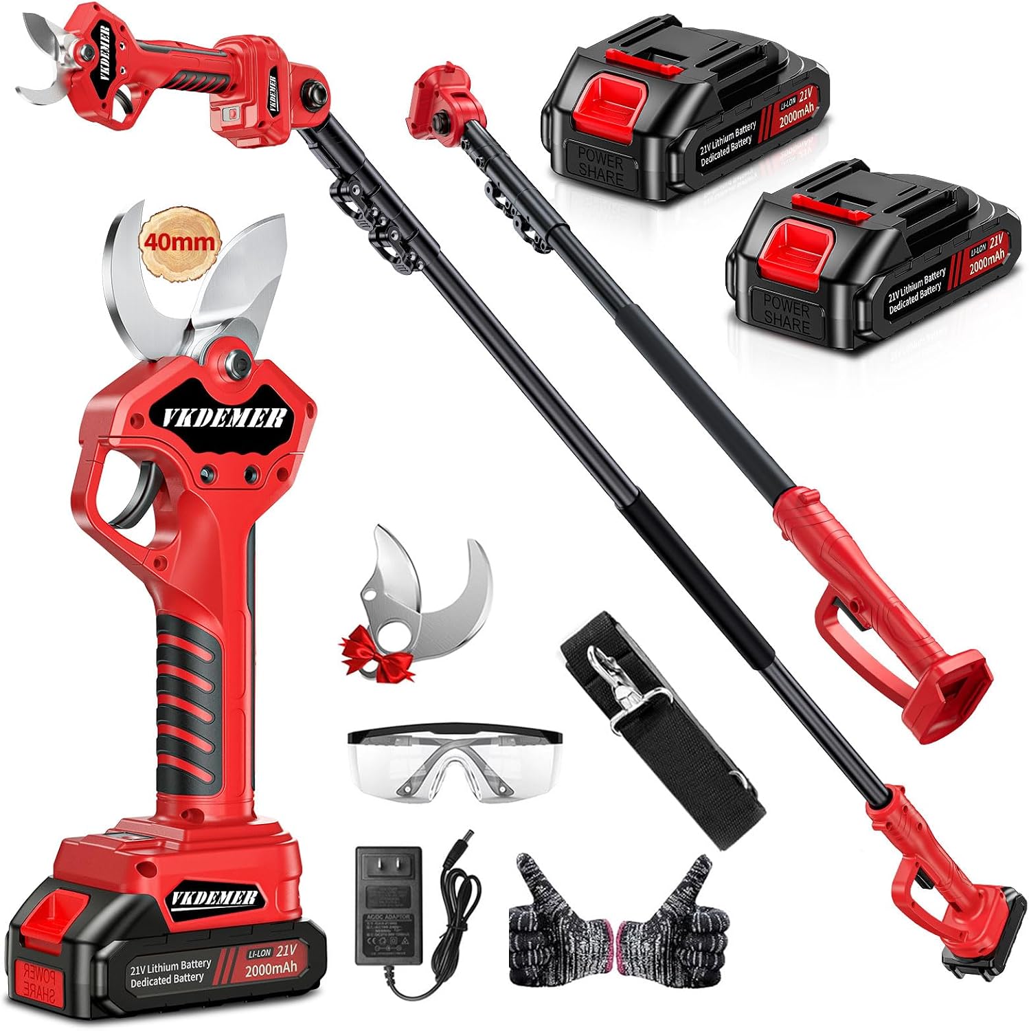 2-in-1 Pole Pruning Shears,1.6' Cutting Diameter, Cordless Electric Pruning Shears with Extension Pole,2×2.0Ah Battery Powered Pruner for Tree Trimming (2 Set Blades&Battery Charger Included)