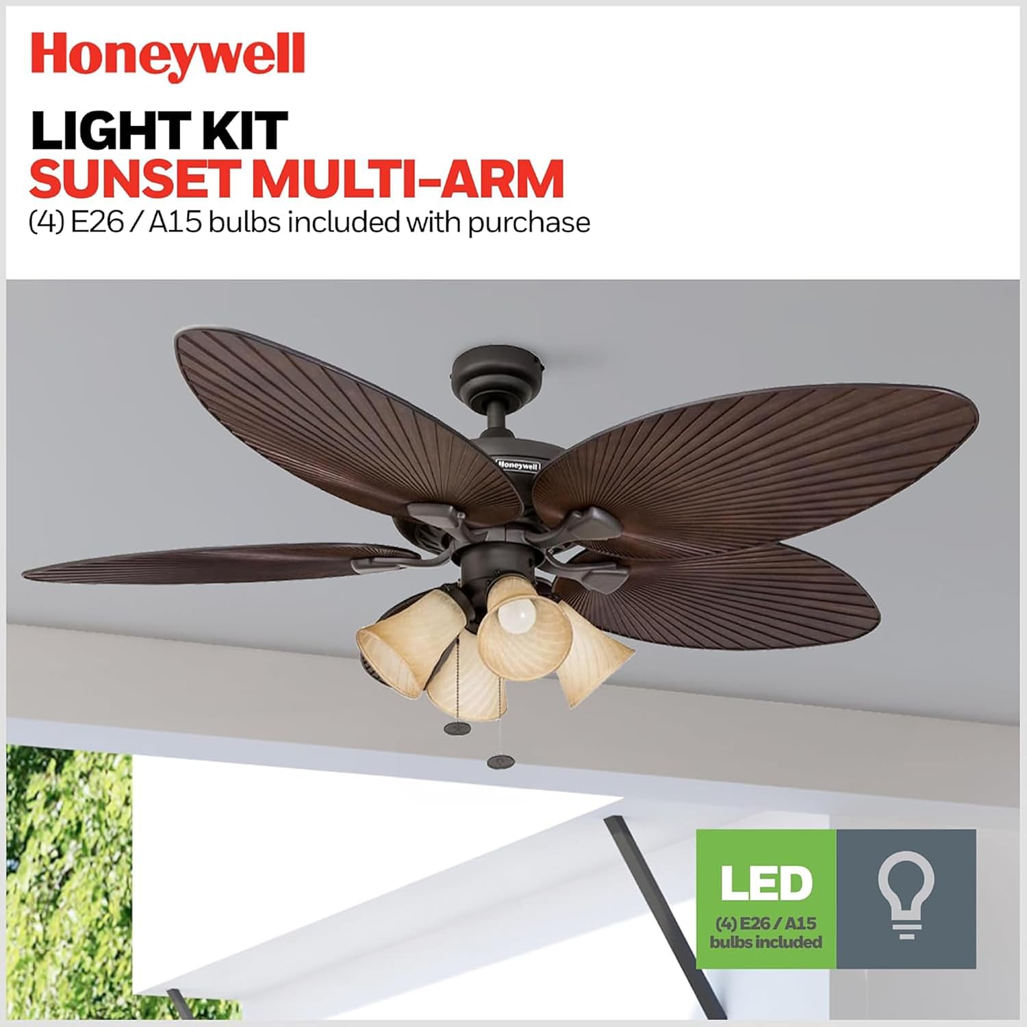 Honeywell Palm Island 52 Inch Tropical Indoor Outdoor Ceiling Fan, LED Light, 5 Palm Leaf Blades, Pull Chain Control, Quiet Motor, Oil Rubbed Bronze