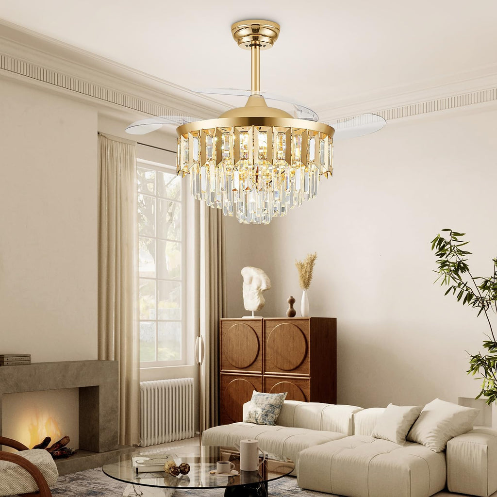 TXCSLY 42' Fandelier Ceiling Fan with Light, Crystal Chandelier Fan with Retractable Blades Dimmable Crystal Ceiling Fan Chandelier for Bedroom Living Room Dining Room-Gold