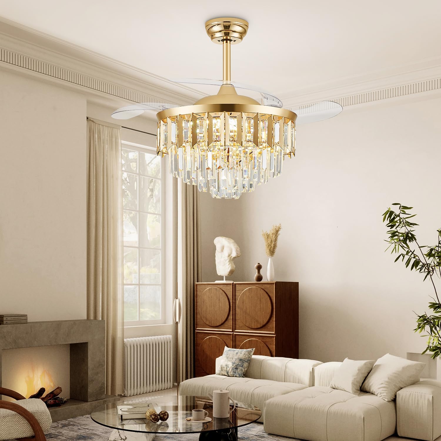 TXCSLY 48' Fandelier Ceiling Fan with Light, Crystal Chandelier Fan with Retractable Blades Dimmable Crystal Ceiling Fan Chandelier for Bedroom Living Room Dining Room-Gold