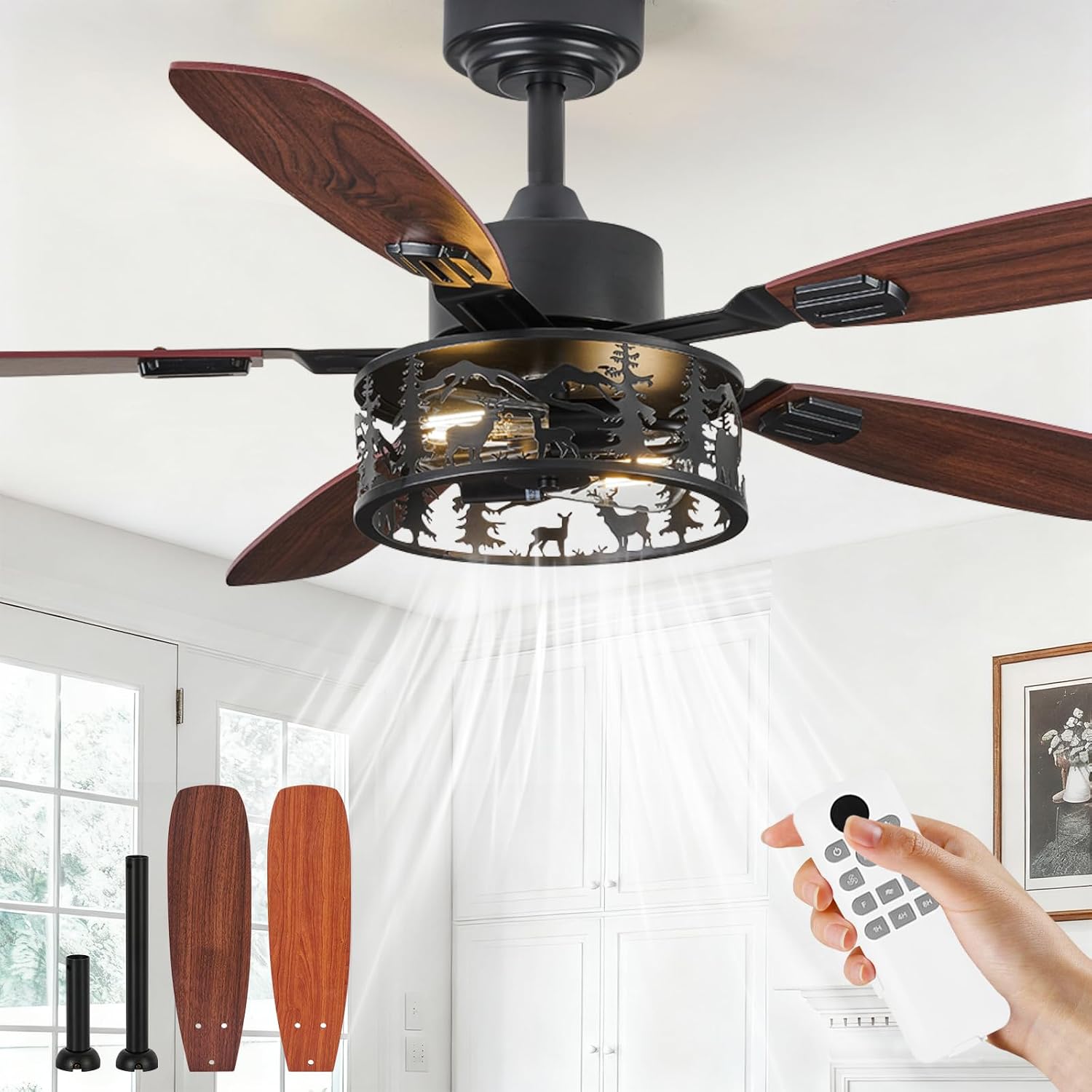 52' Rustic Ceiling Fan with Light - Bear Deer Design, 6 Speeds Reversible DC Motor Farmhouse Industrial Black Ceiling Fans Remote Control for Bedroom, Living Room, Kitchen