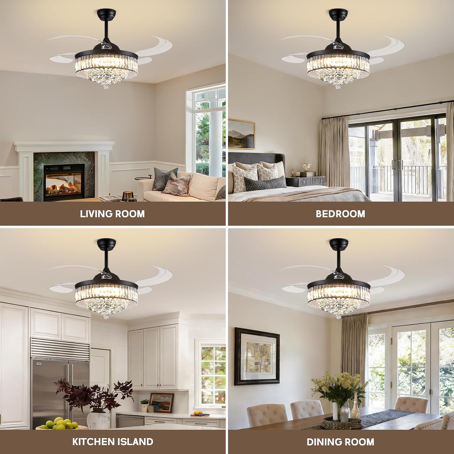 48'' Crystal Fandelier Ceiling Fan with Light, Retractable Blades Ceiling Fans with Light and Remote, Dimmable Chandelier Ceiling Fan for Bedroom Living Room-Black
