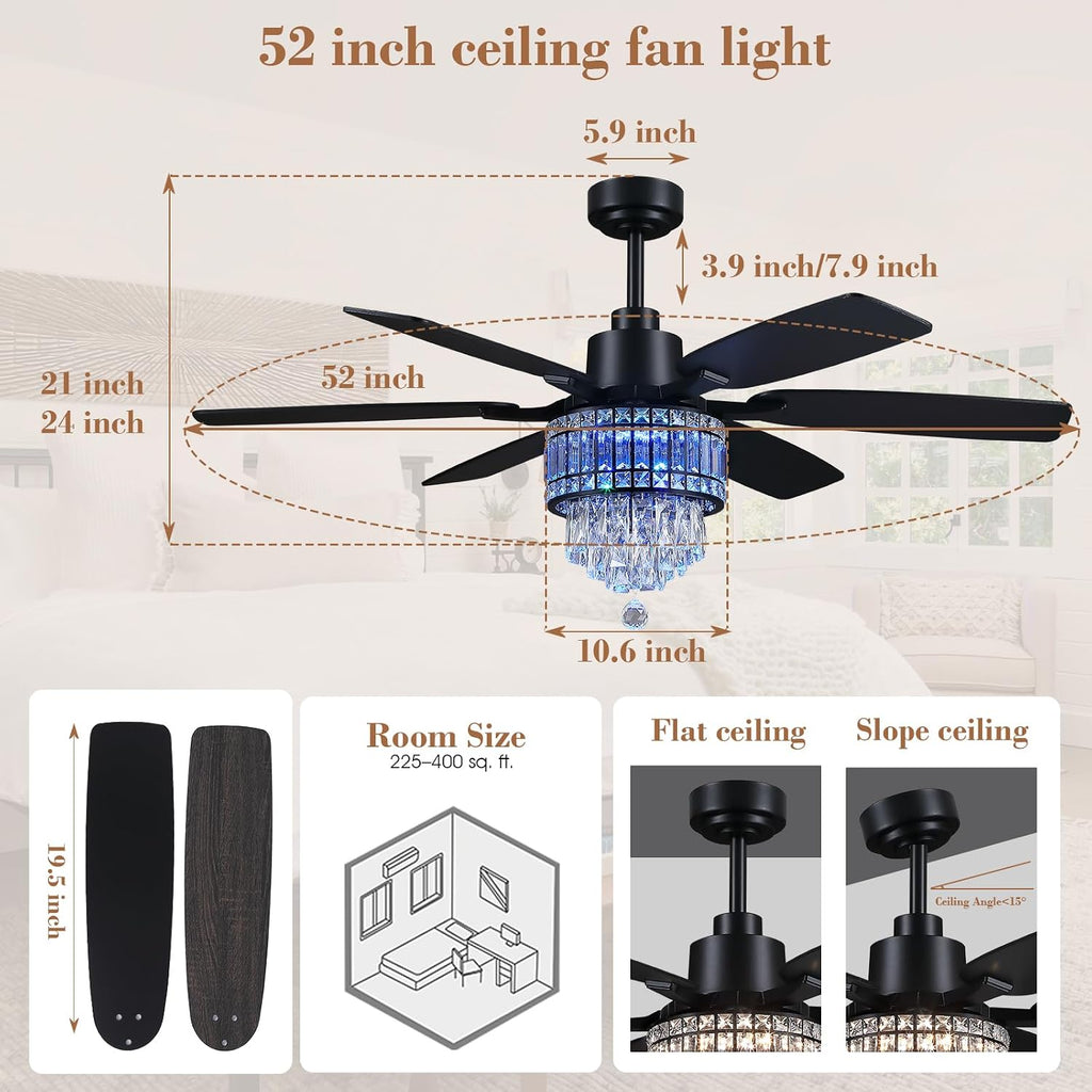 Kviflon 52 Inch Crystal Ceiling Fan with RGB Lights, Black Fandelier Ceiling Fan with Light and Remote/APP Control, Modern Chandelier Ceiling Fan for Bedroom Living Room, Quiet DC Motor, Dimmable LED