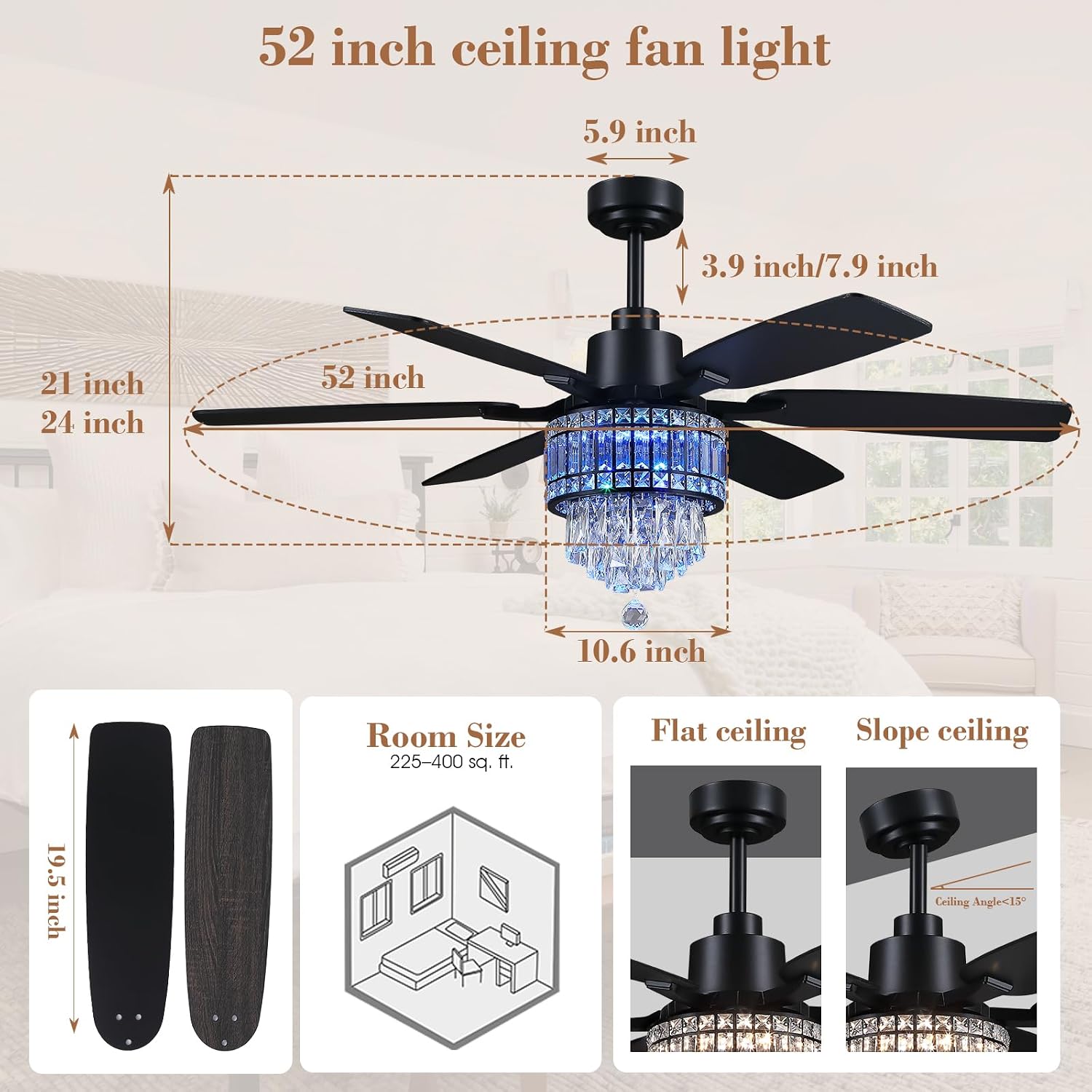 Kviflon 52 Inch Crystal Ceiling Fan with RGB Lights, Black Fandelier Ceiling Fan with Light and Remote/APP Control, Modern Chandelier Ceiling Fan for Bedroom Living Room, Quiet DC Motor, Dimmable LED