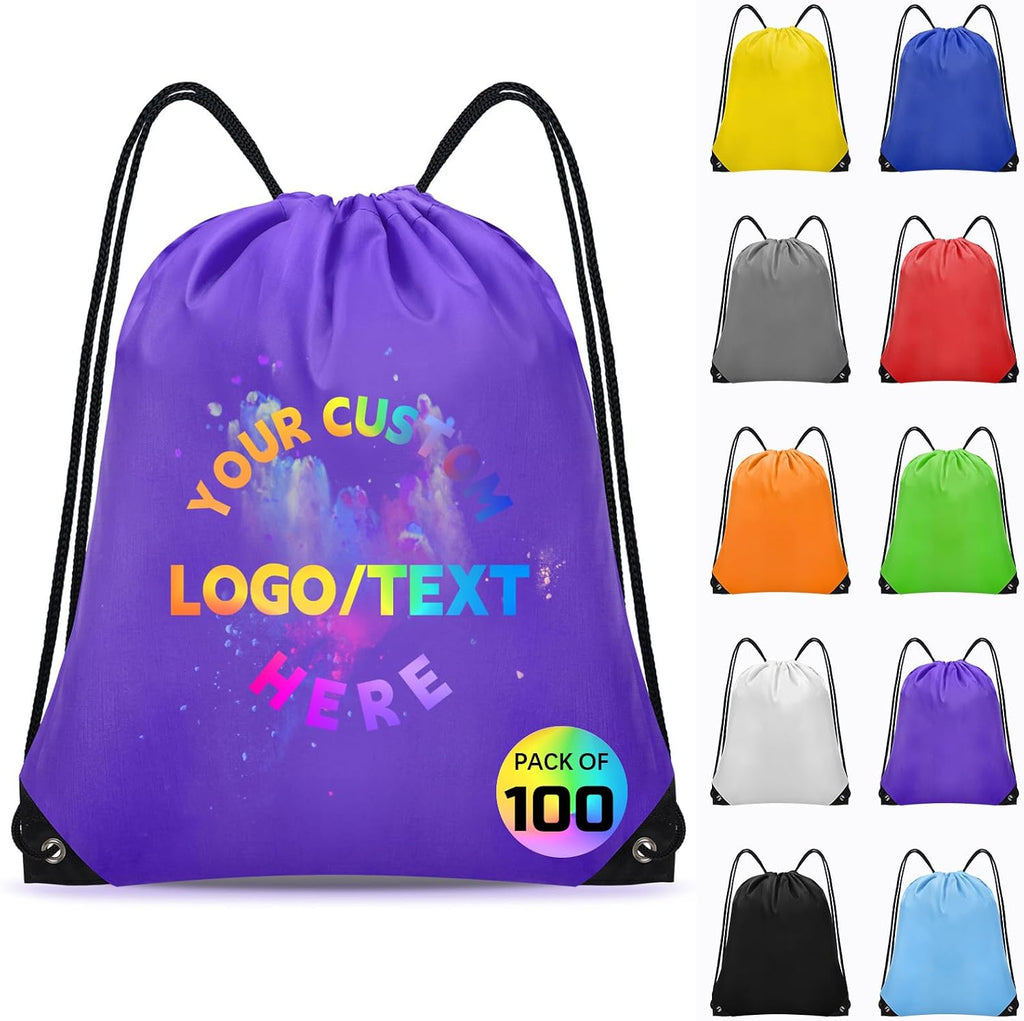 Grneric Custom Drawstring Bags Bulk 10/20/50/100/200 Pack, Promotional Items With Your Logo Personalized String Backpack for Gym, Sport, Travel, Purple