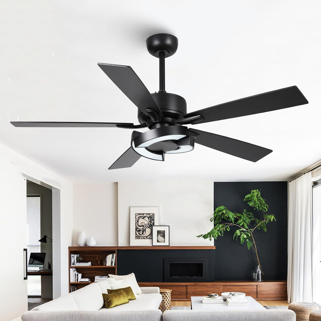 Ceiling Fans with Lights and Remote - Creative Black 52 inch Ceiling Fan with Light, 3CCT, 6 Speeds, Dual-Sided Reversible 5 Blades Indoor Outdoor Modern Chandelier Fan for Bedroom Living Room