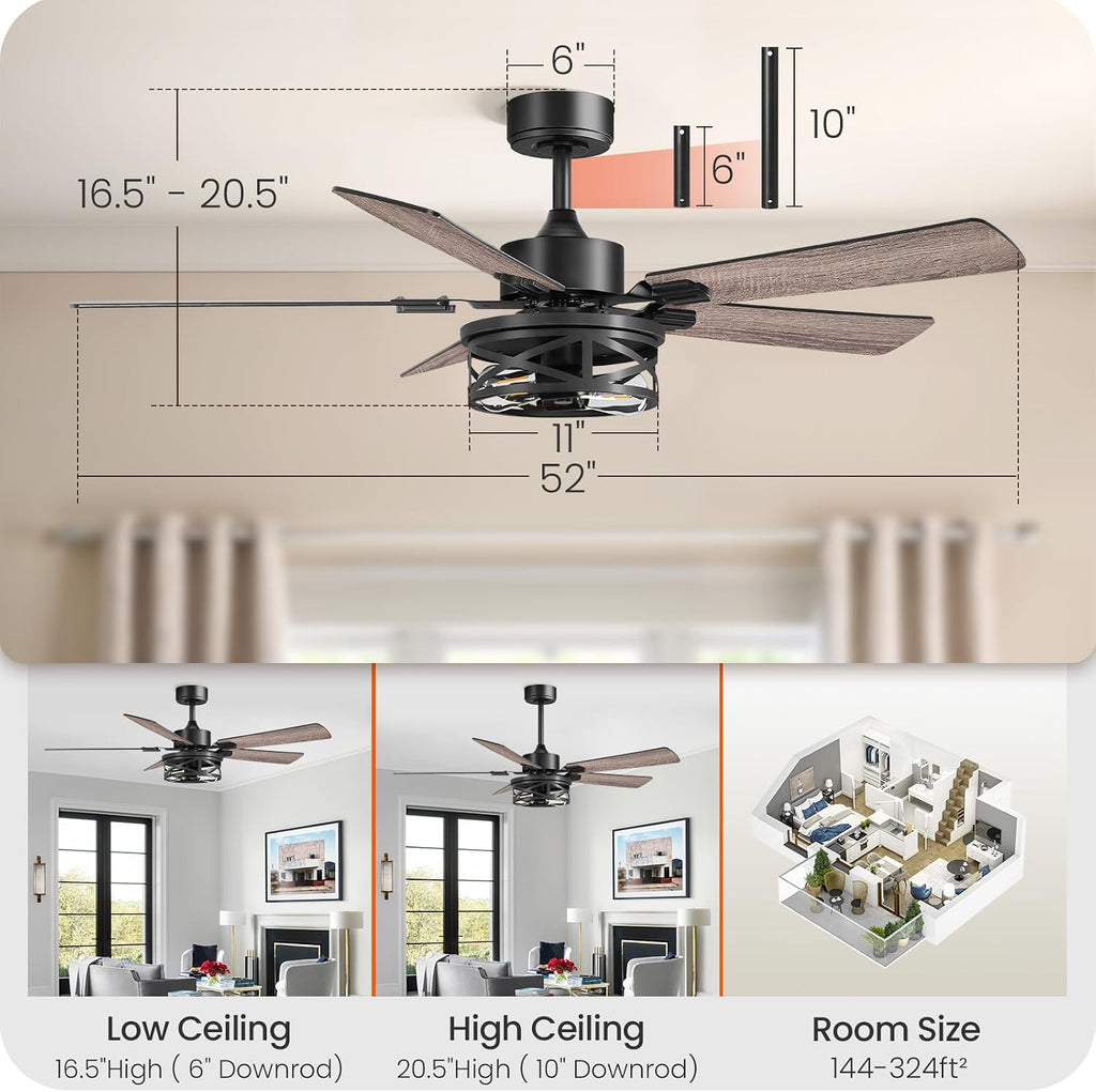 52 Inch Farmhouse Ceiling Fan with Lights and Remote, Timer, Dual Finish 5 Blades (Gray Oak and Black), 6 Speeds, Reversible DC Motor, Rustic & Industrial Caged Ceiling Fan for Bedroom HB01CF05
