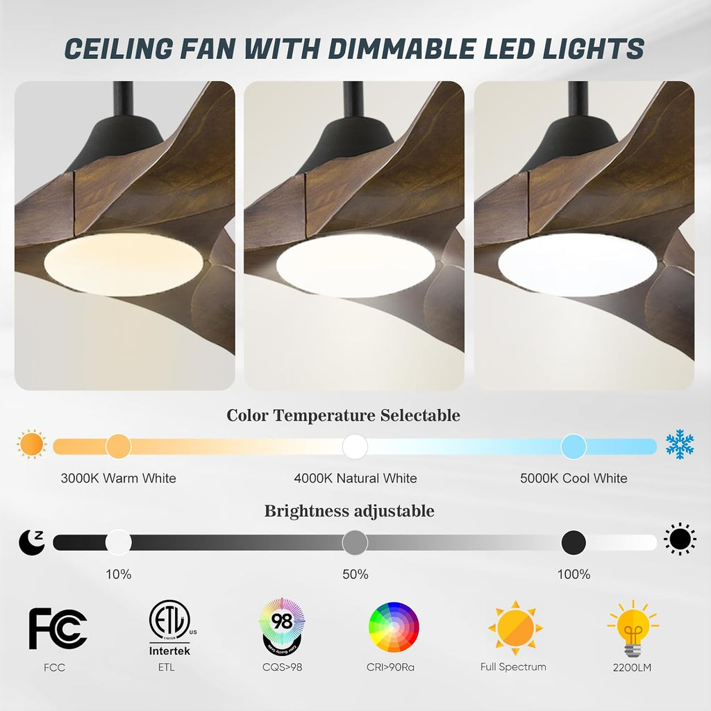 52 Inch Smart Ceiling Fan with Lights, Outdoor Ceiling Fans for Patios Damp Rated, 3 Blades Propeller Walnut Wood Farmhouse Ceiling Fan, Large Airflow DC Ceiling Fan with Remote/ APP/ Alexa Control