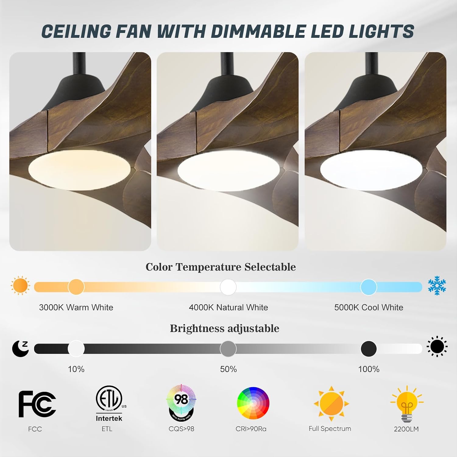 52 Inch Smart Ceiling Fan with Lights, Outdoor Ceiling Fans for Patios Damp Rated, 3 Blades Propeller Walnut Wood Farmhouse Ceiling Fan, Large Airflow DC Ceiling Fan with Remote/ APP/ Alexa Control