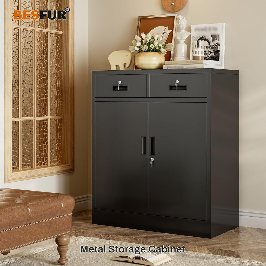 BESFUR Metal Garage Storage Cabinet with Two Lockable Drawers 2 Locking Doors and an Adjustable Shelf, 36' Black Metal Short Storage Cabinet for Home Office,Garage,School,Utility Room