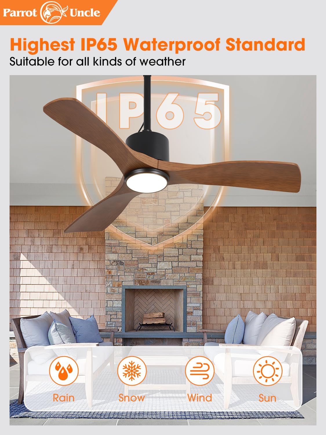 Parrot Uncle 42 Inch Outdoor Ceiling Fan with Light, IP65 Ceiling Fans with Lights and Remote, 3CCT 6-Speed Quite DC Motor, Wet Rated Plug in Ceiling Fan for Patios Porch Pergola (Walnut & Black)