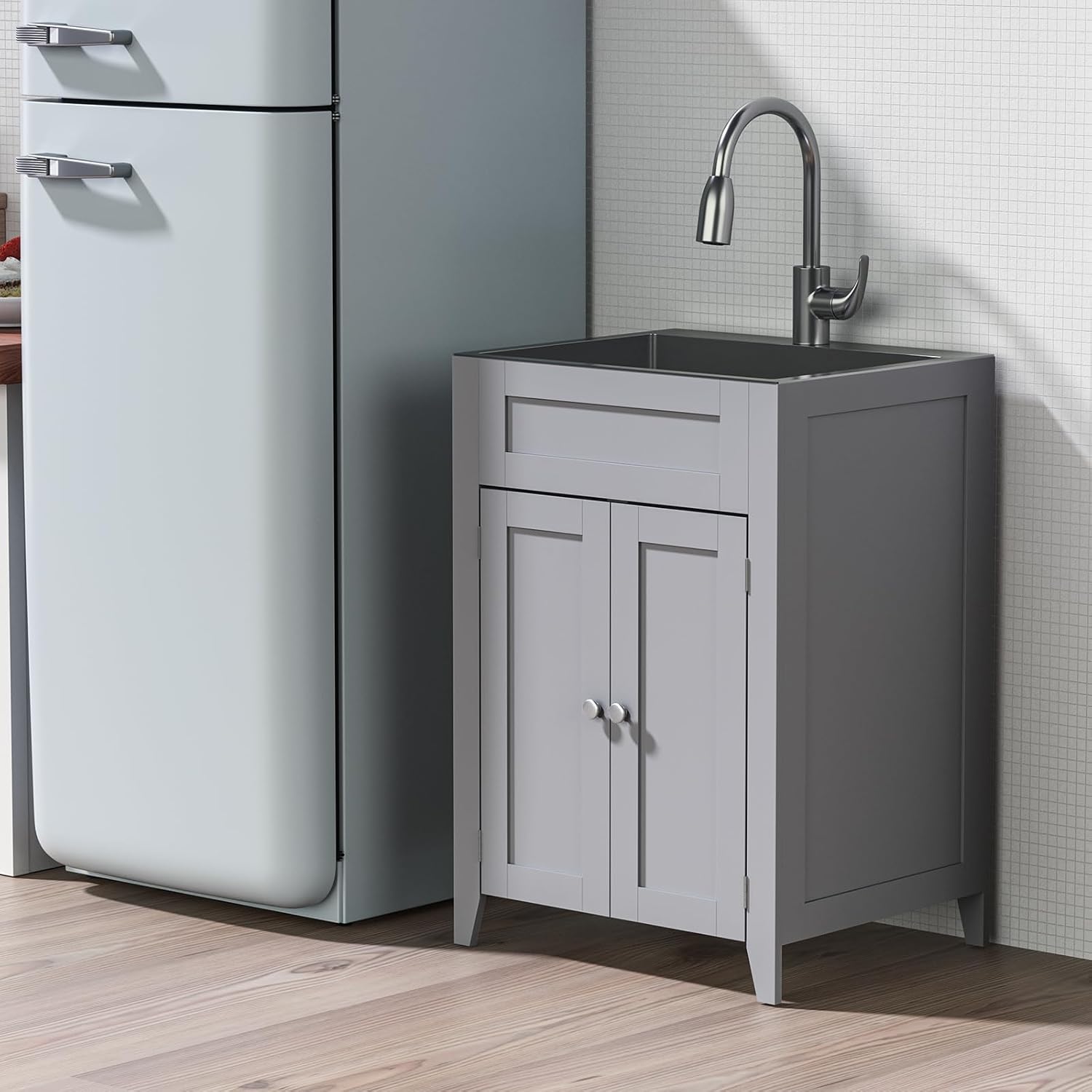 VINGLI 24-Inch Laundry Sink with Cabinet and Pull-Out Sprayer Faucet, Stainless Steel Utility Sink with Cabinet, Grey Cabinet with Sink for Laundry & Utility Room, Kitchen, Bathroom, Basement