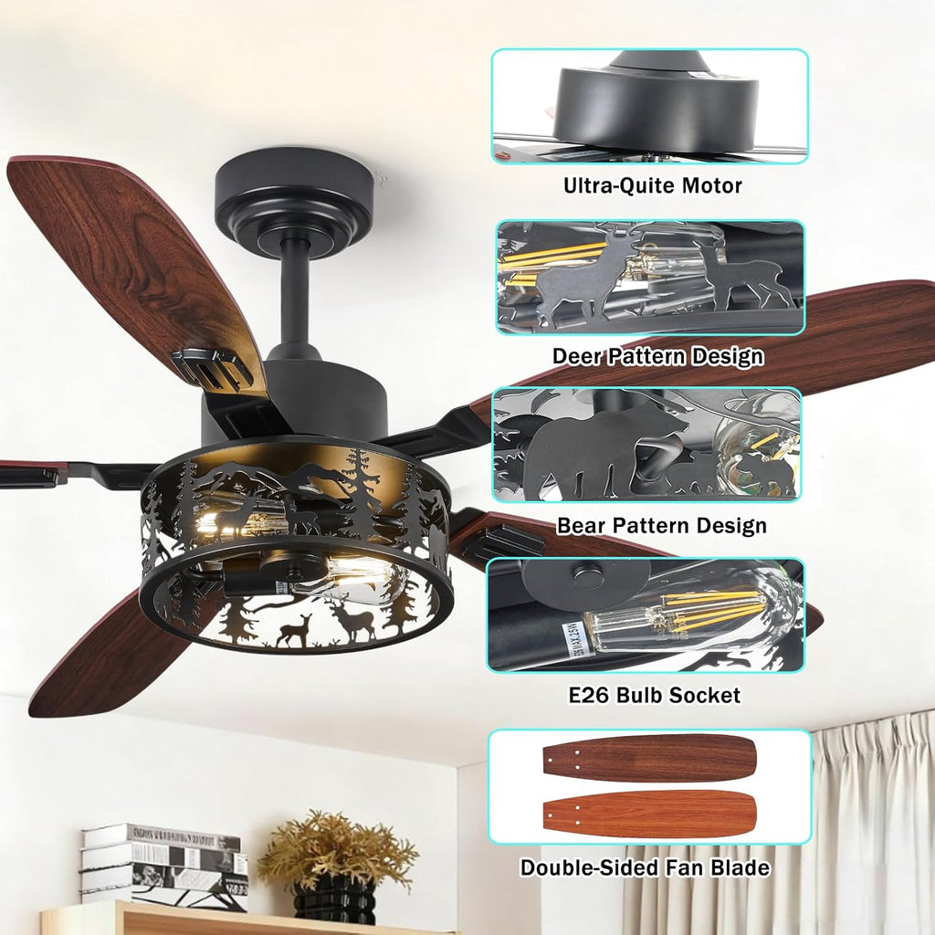 52' Rustic Ceiling Fan with Light - Bear Deer Design, 6 Speeds Reversible DC Motor Farmhouse Industrial Black Ceiling Fans Remote Control for Bedroom, Living Room, Kitchen