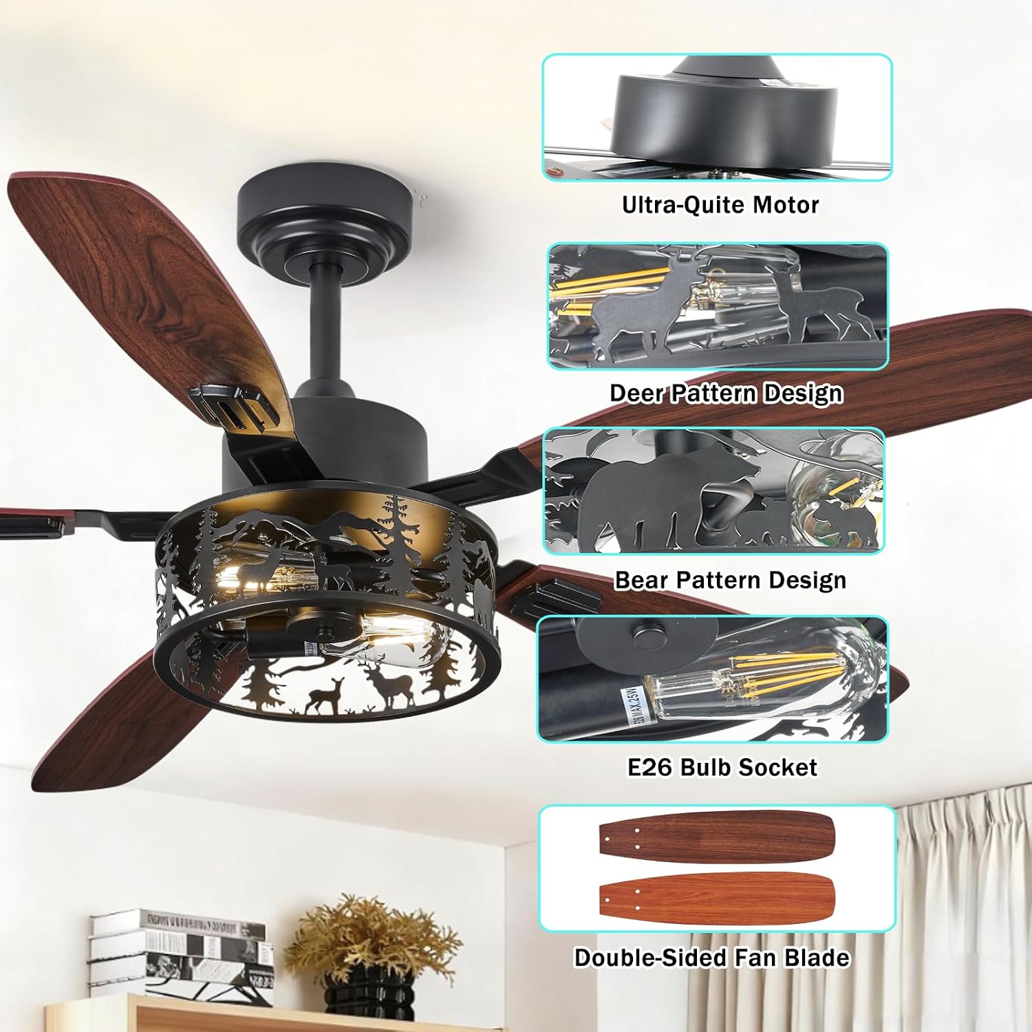52' Rustic Ceiling Fan with Light - Bear Deer Design, 6 Speeds Reversible DC Motor Farmhouse Industrial Black Ceiling Fans Remote Control for Bedroom, Living Room, Kitchen